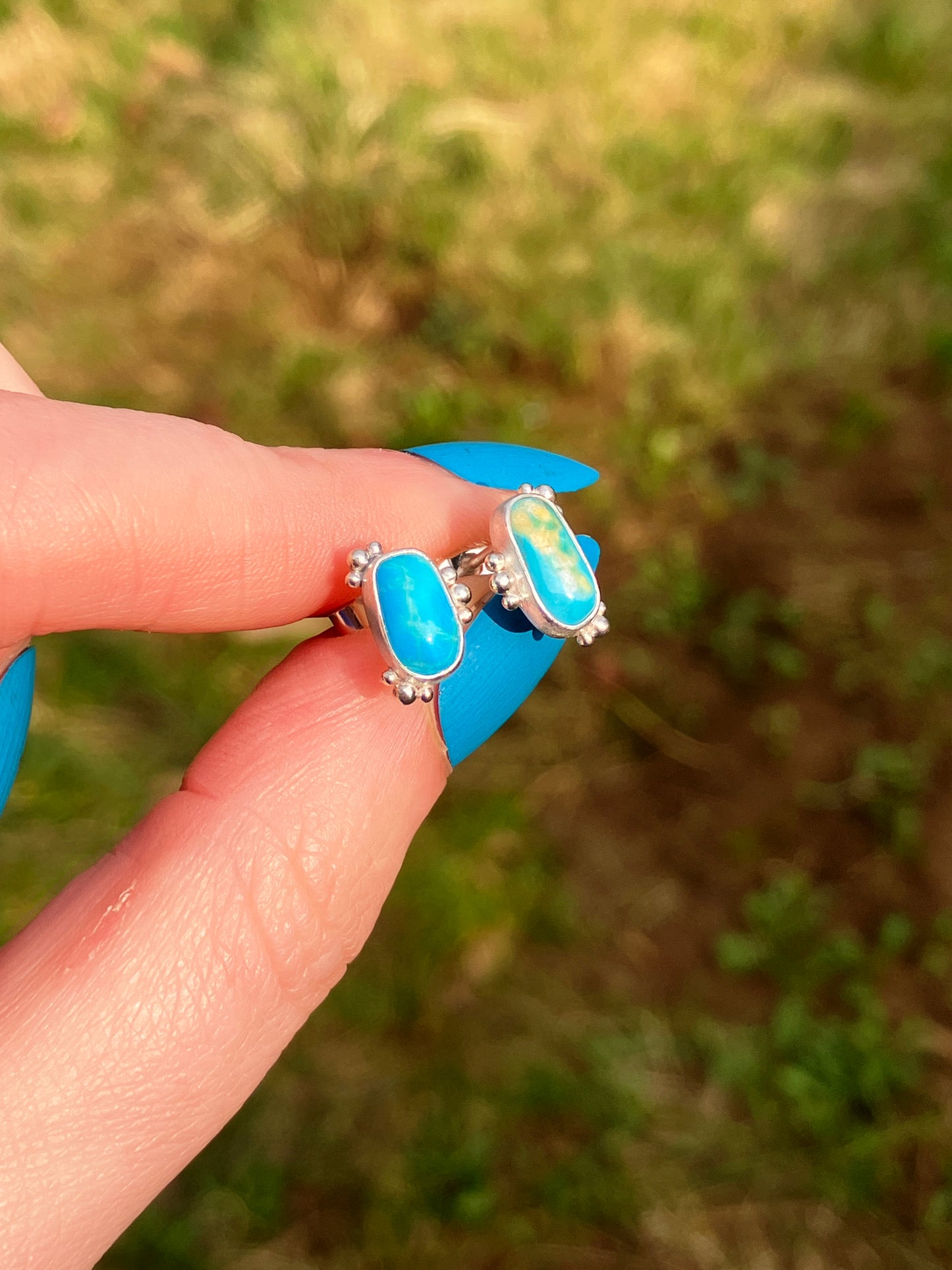 Asymmetrical Turquoise and Sterling Silver Stud Earrings with Granulation Detailing
