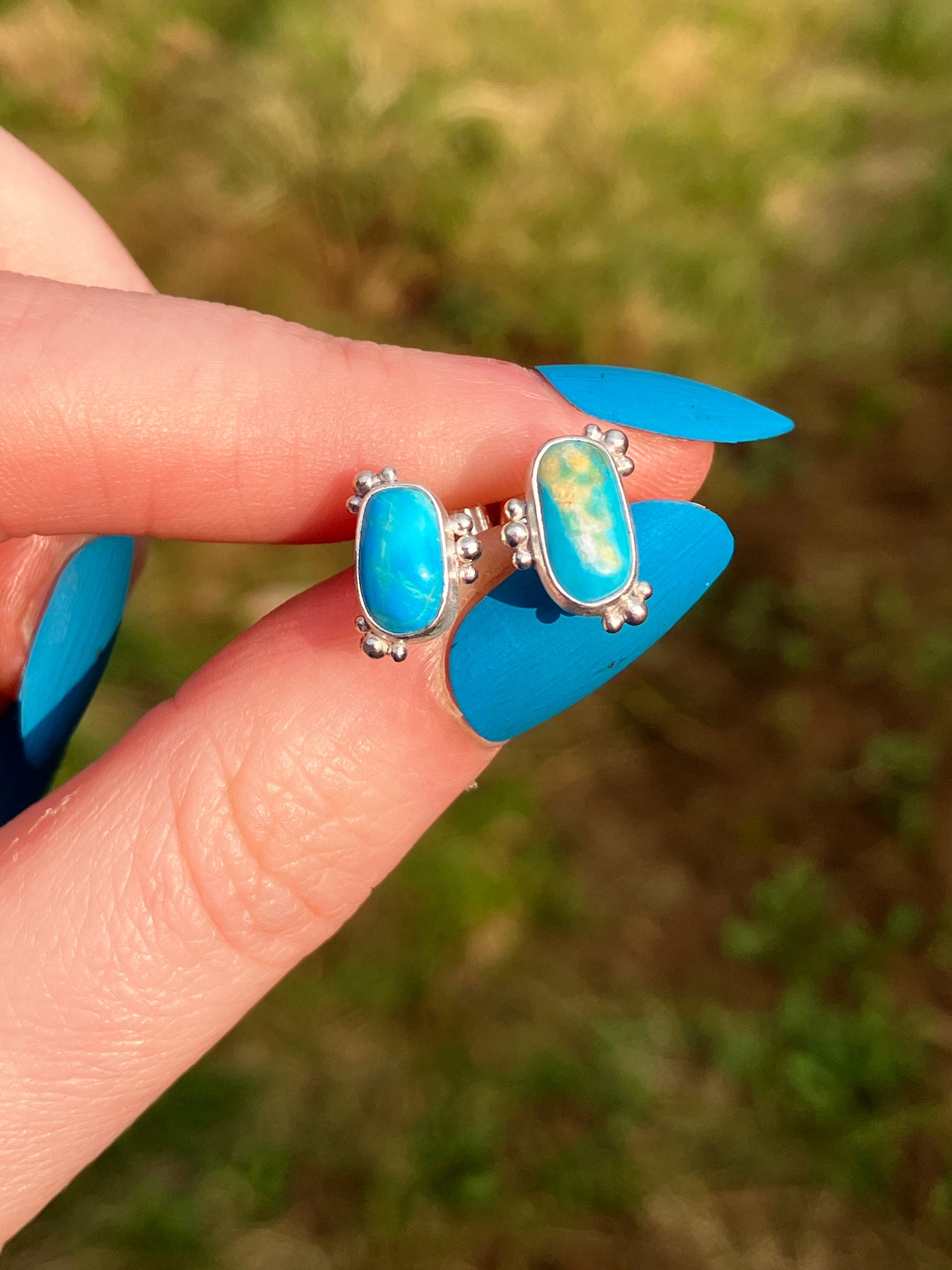 Asymmetrical Turquoise and Sterling Silver Stud Earrings with Granulation Detailing