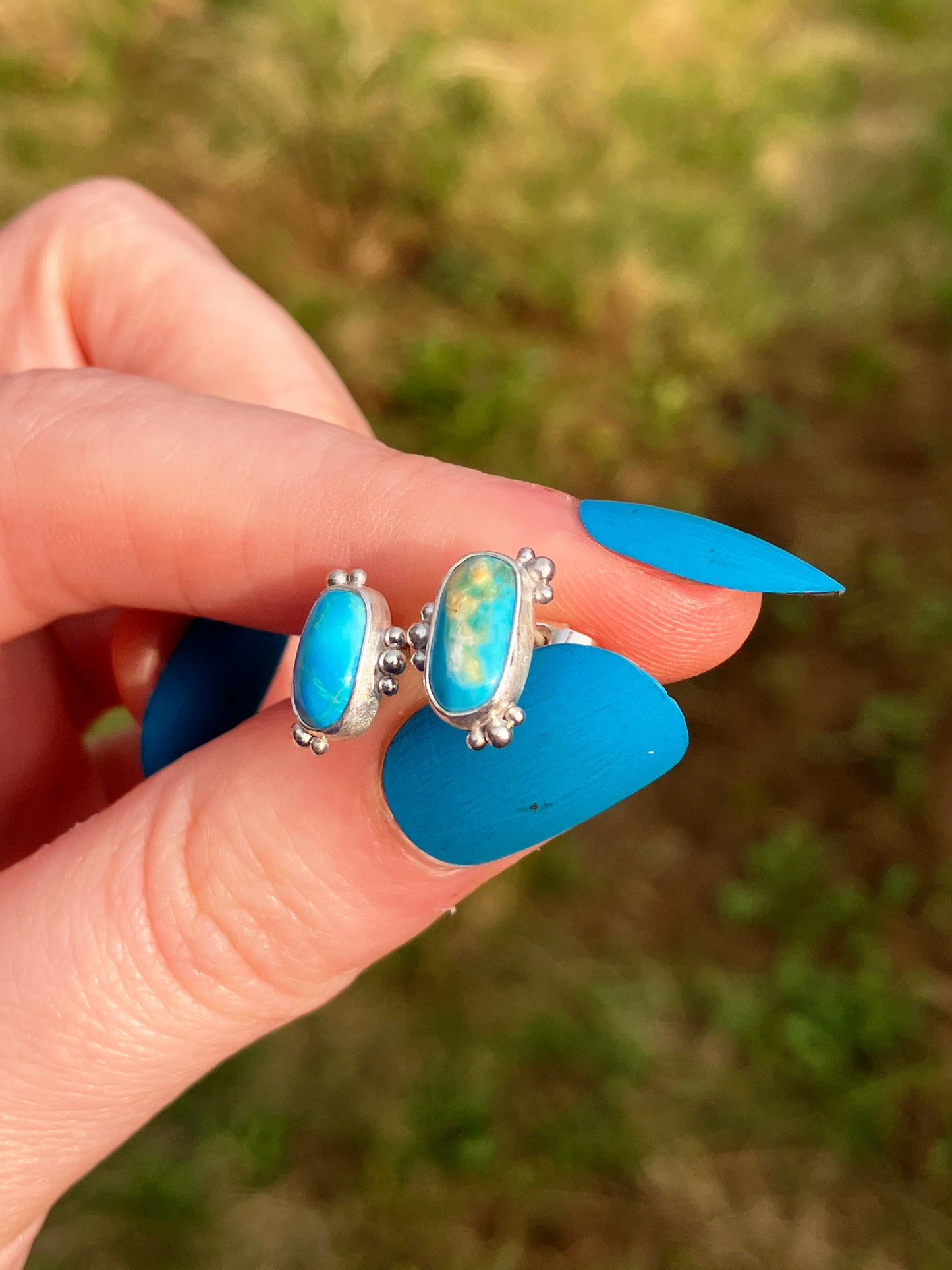 Asymmetrical Turquoise and Sterling Silver Stud Earrings with Granulation Detailing