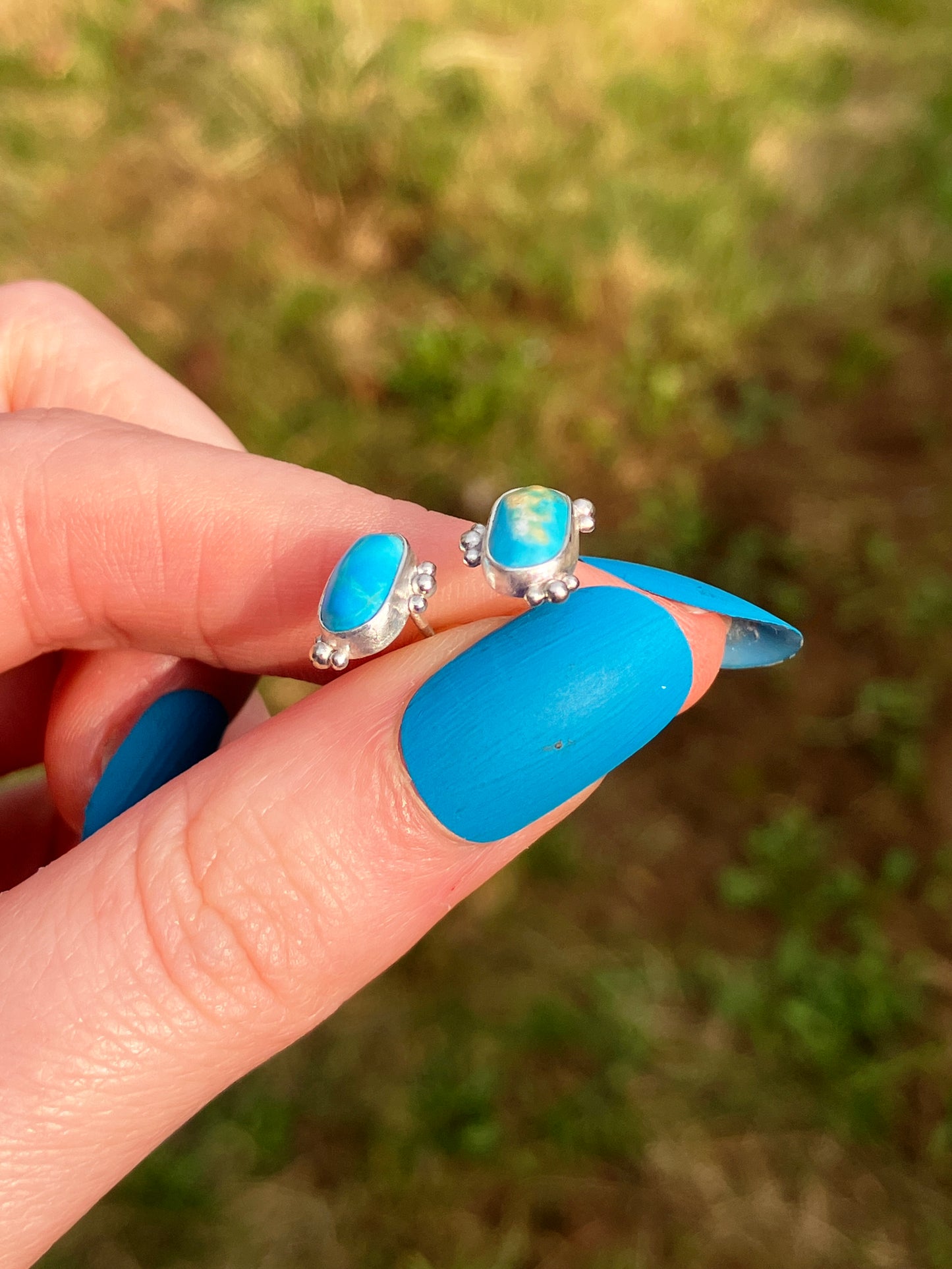 Asymmetrical Turquoise and Sterling Silver Stud Earrings with Granulation Detailing