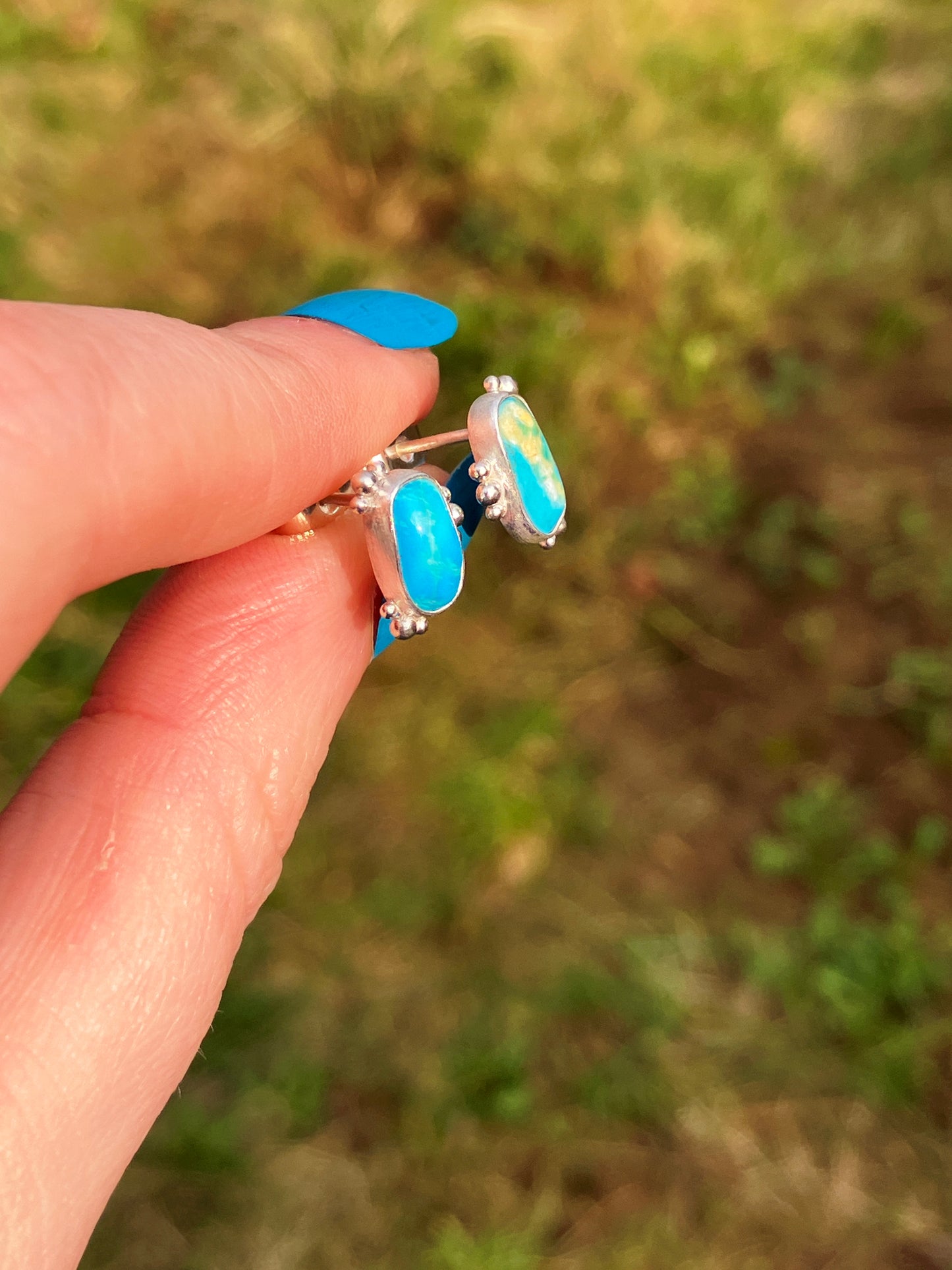 Asymmetrical Turquoise and Sterling Silver Stud Earrings with Granulation Detailing