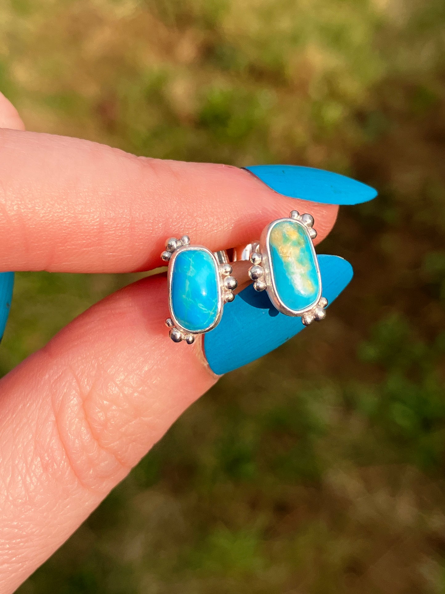 Asymmetrical Turquoise and Sterling Silver Stud Earrings with Granulation Detailing