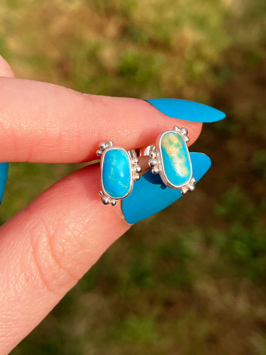 Asymmetrical Turquoise and Sterling Silver Stud Earrings with Granulation Detailing