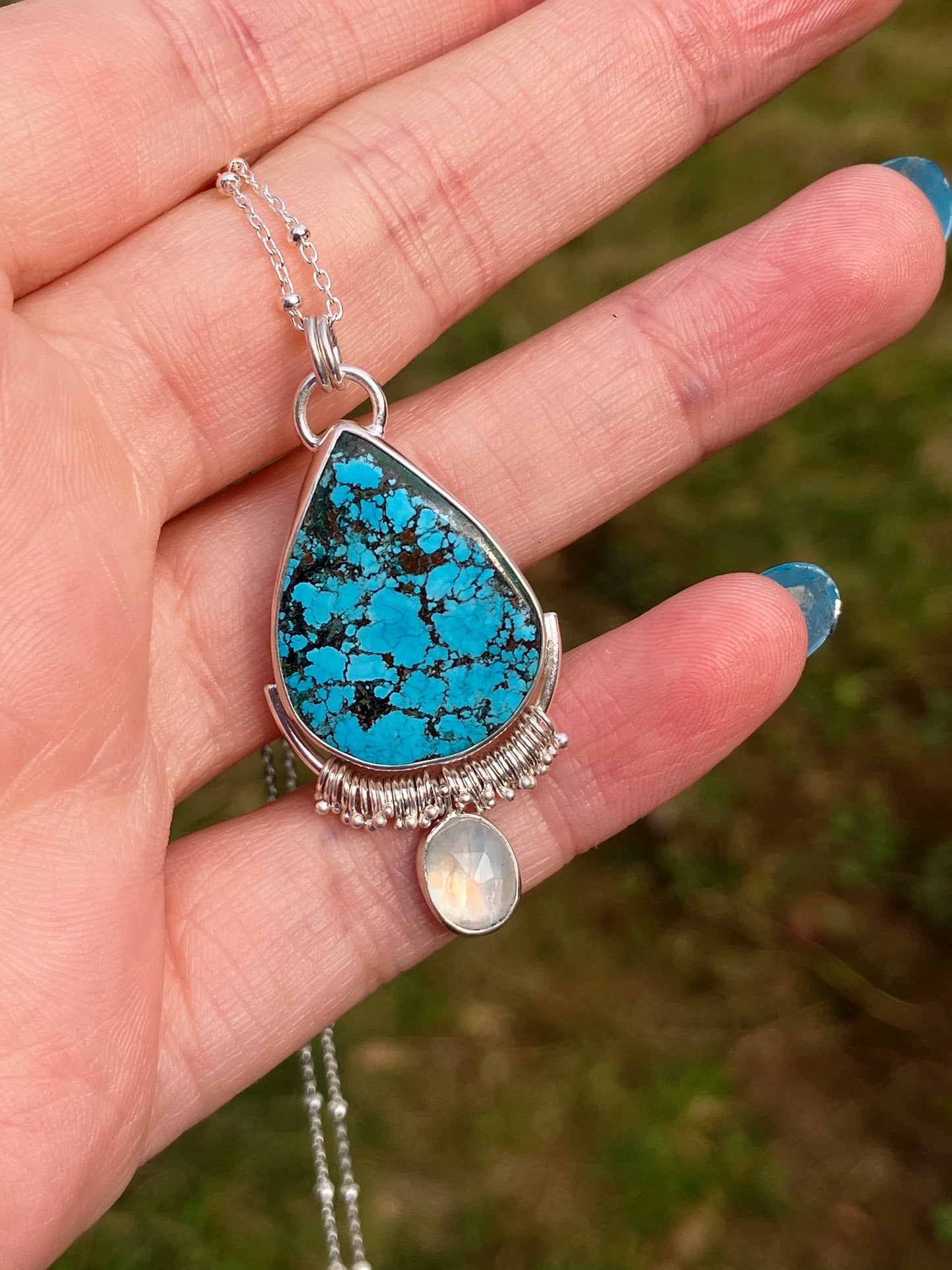 Turquoise, Rainbow Moonstone and Recycled Sterling Silver Statement Pendant Necklace
