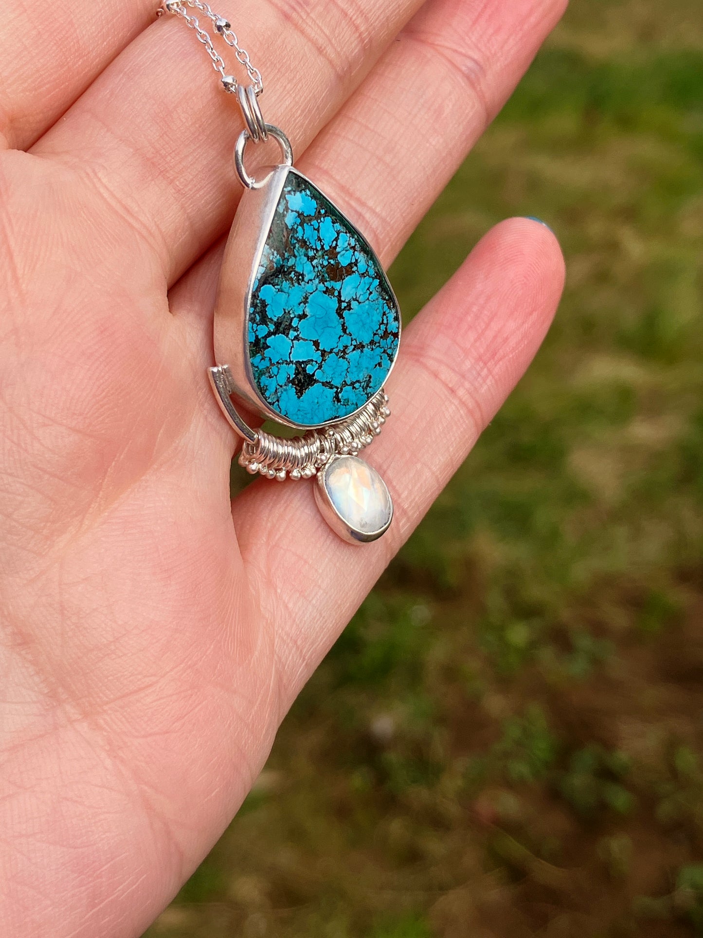 Turquoise, Rainbow Moonstone and Recycled Sterling Silver Statement Pendant Necklace