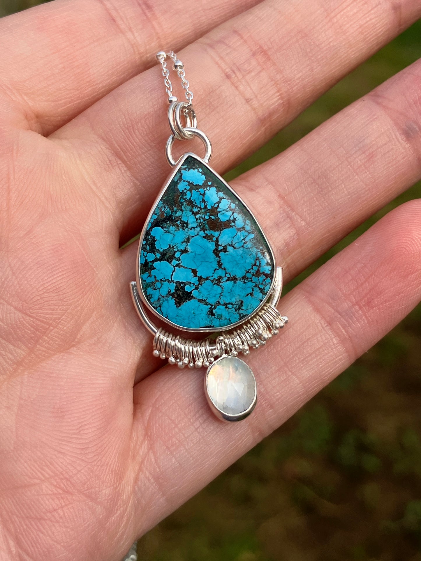 Turquoise, Rainbow Moonstone and Recycled Sterling Silver Statement Pendant Necklace