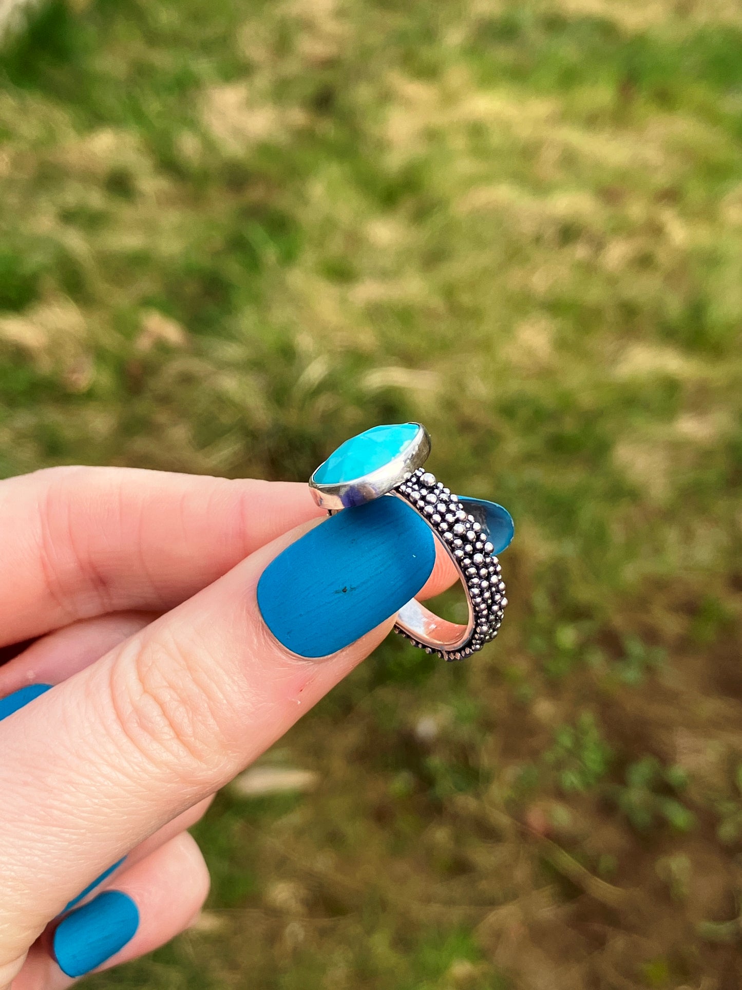 Turquoise and Recycled Sterling Silver Granulation Ring - UK Size P1/2 /US Size 8