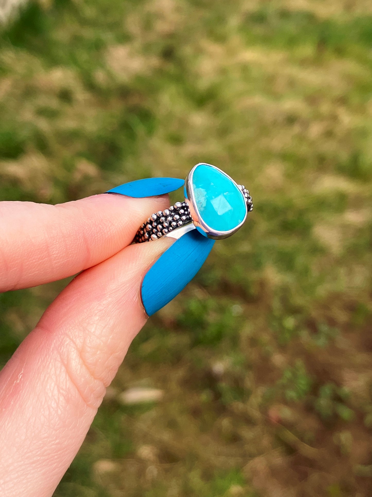 Turquoise and Recycled Sterling Silver Granulation Ring - UK Size P1/2 /US Size 8