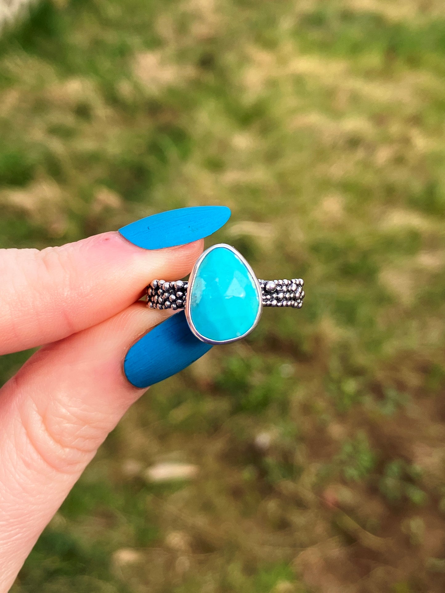 Turquoise and Recycled Sterling Silver Granulation Ring - UK Size P1/2 /US Size 8
