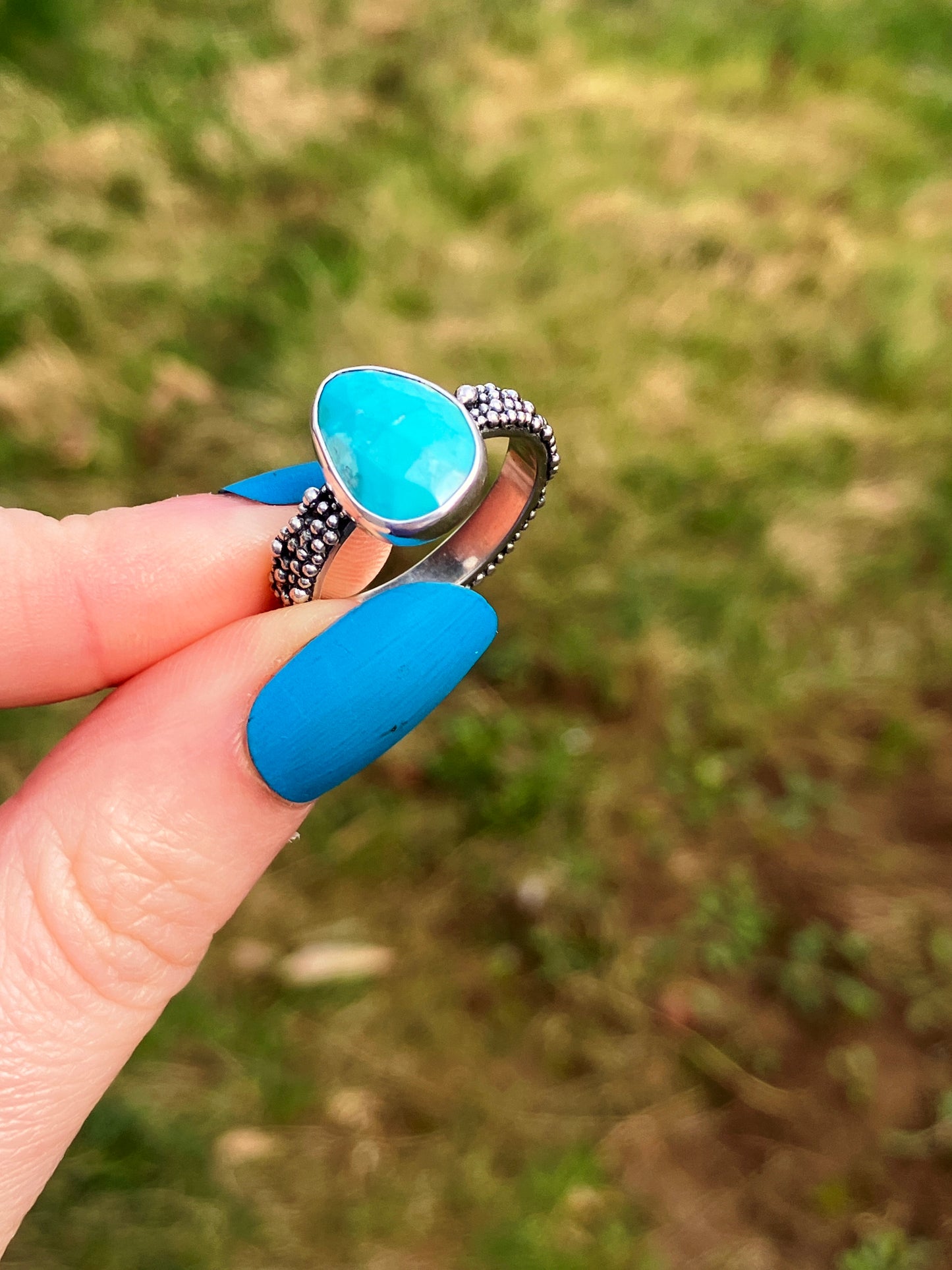 Turquoise and Recycled Sterling Silver Granulation Ring - UK Size P1/2 /US Size 8