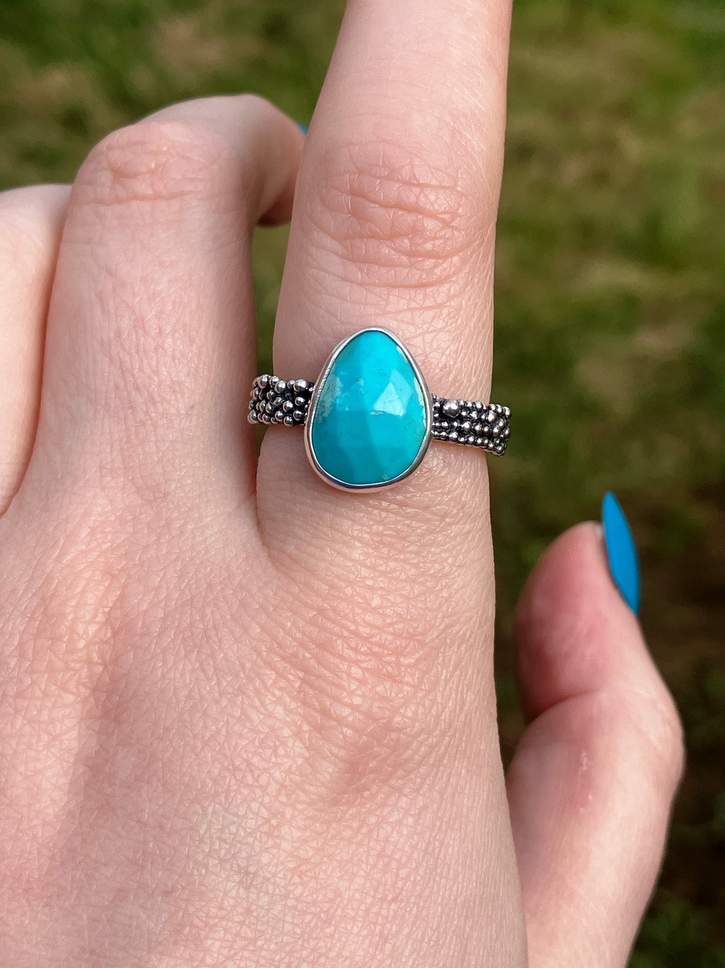 Turquoise and Recycled Sterling Silver Granulation Ring - UK Size P1/2 /US Size 8