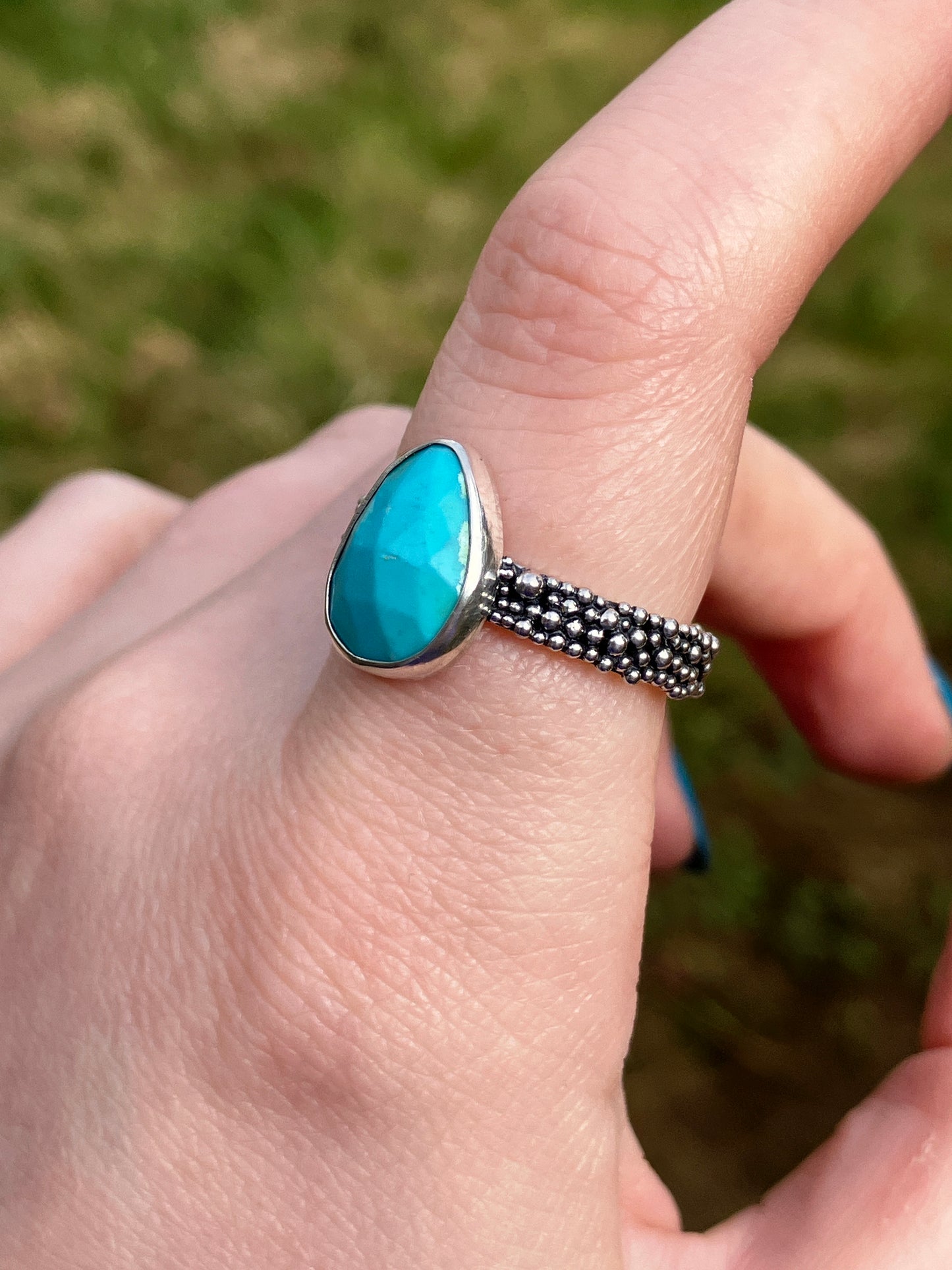 Turquoise and Recycled Sterling Silver Granulation Ring - UK Size P1/2 /US Size 8