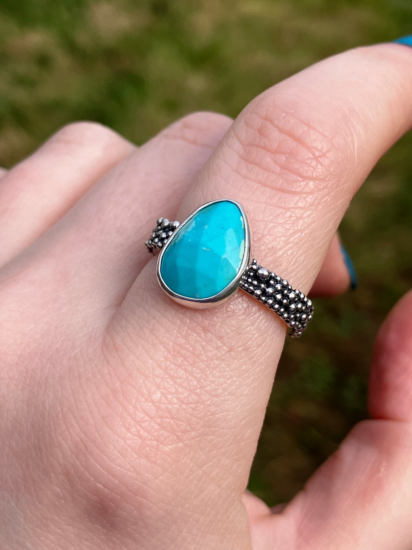 Turquoise and Recycled Sterling Silver Granulation Ring - UK Size P1/2 /US Size 8