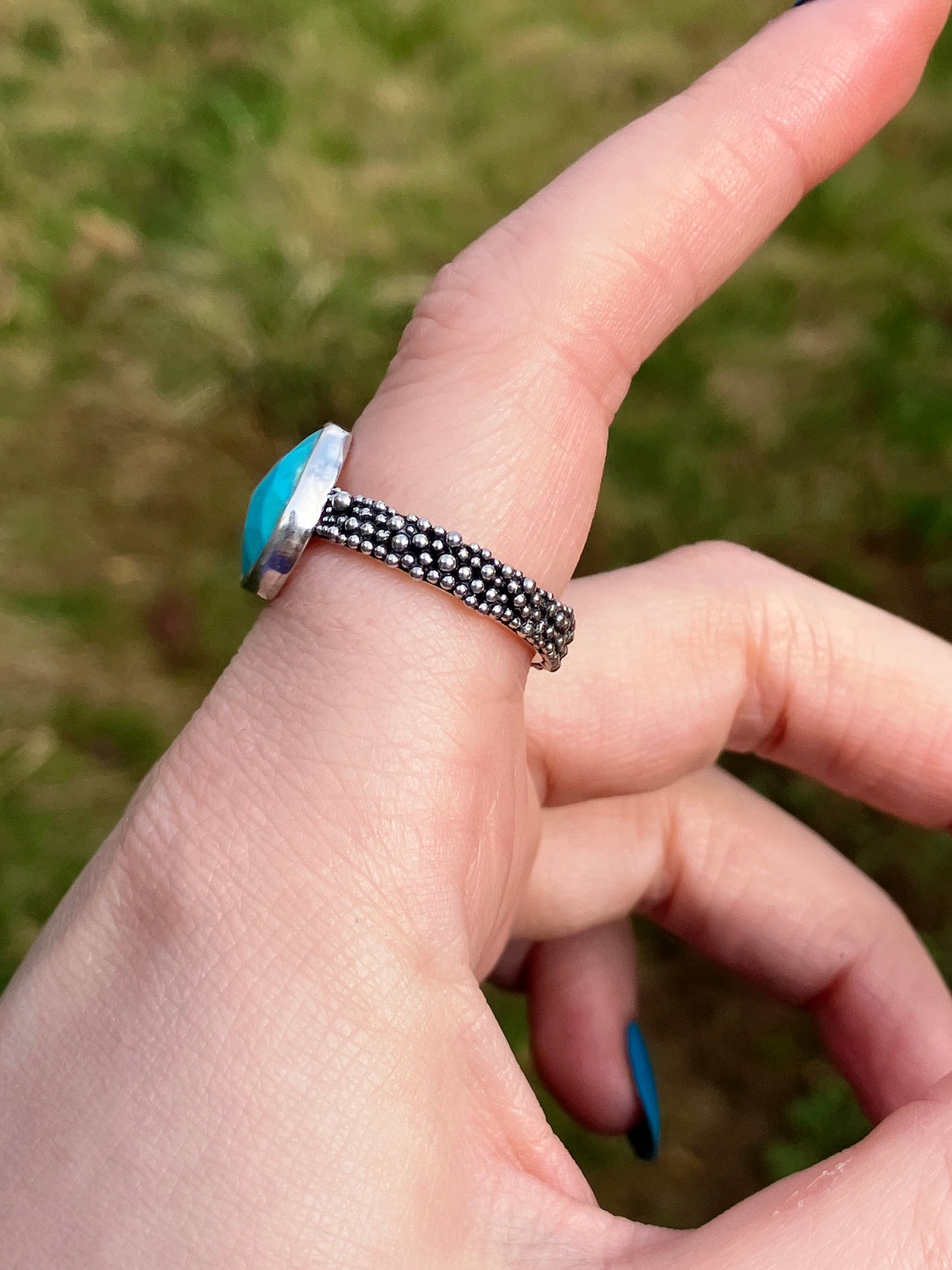 Turquoise and Recycled Sterling Silver Granulation Ring - UK Size P1/2 /US Size 8