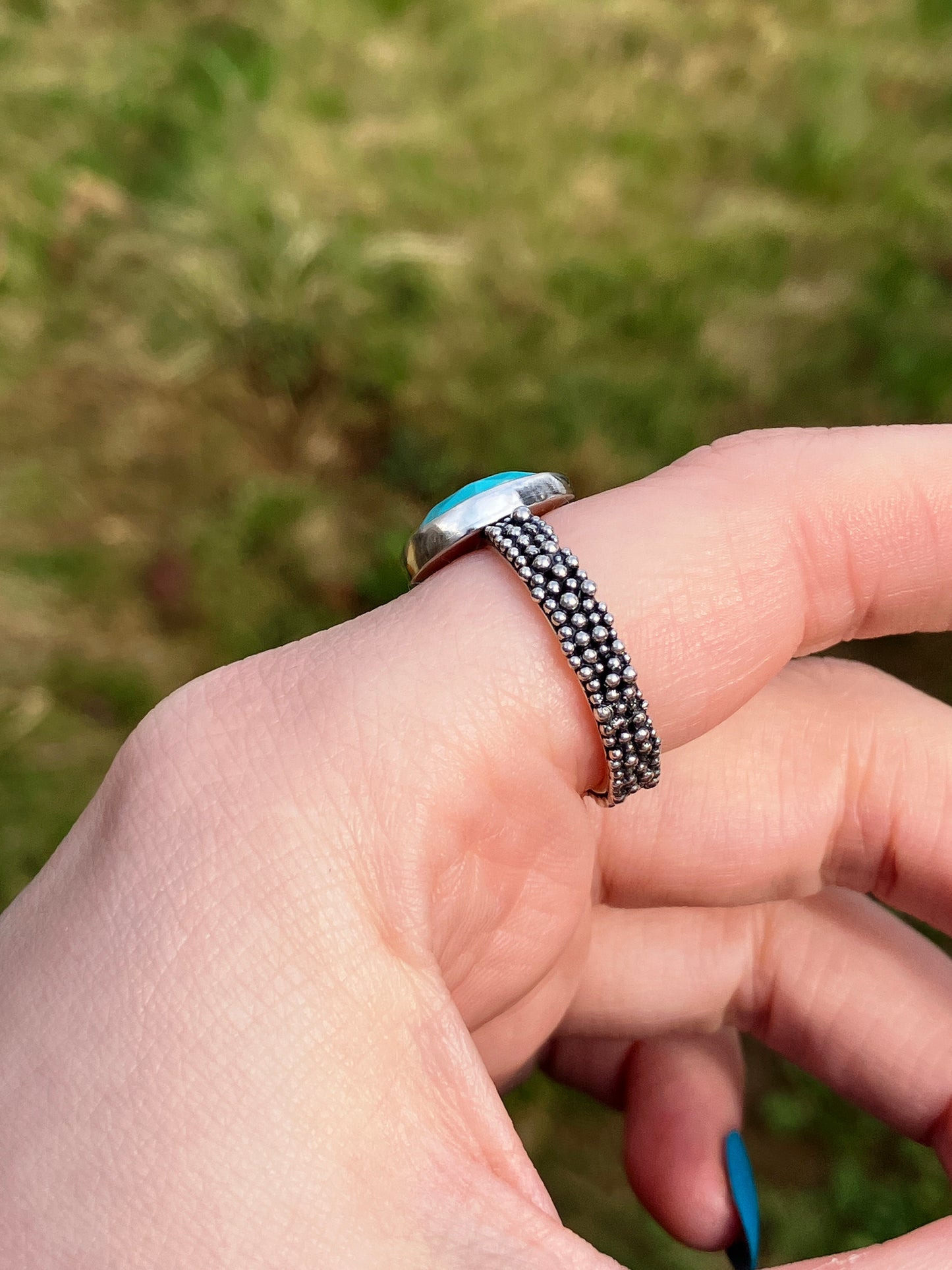 Turquoise and Recycled Sterling Silver Granulation Ring - UK Size P1/2 /US Size 8