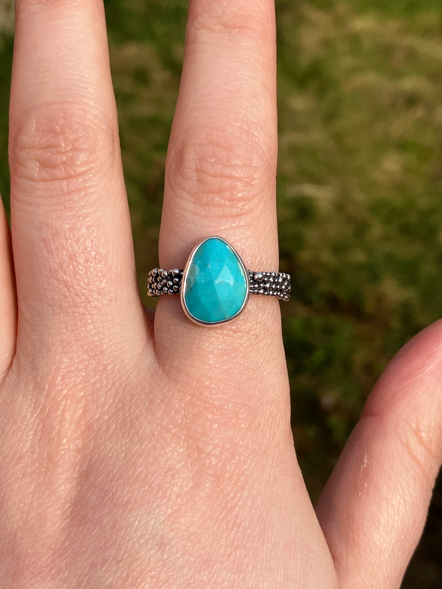 Turquoise and Recycled Sterling Silver Granulation Ring - UK Size P1/2 /US Size 8