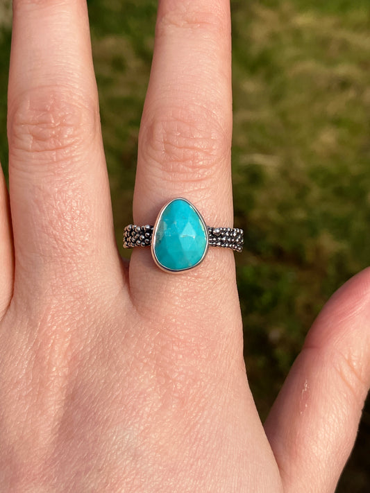 Turquoise and Recycled Sterling Silver Granulation Ring - UK Size P1/2 /US Size 8