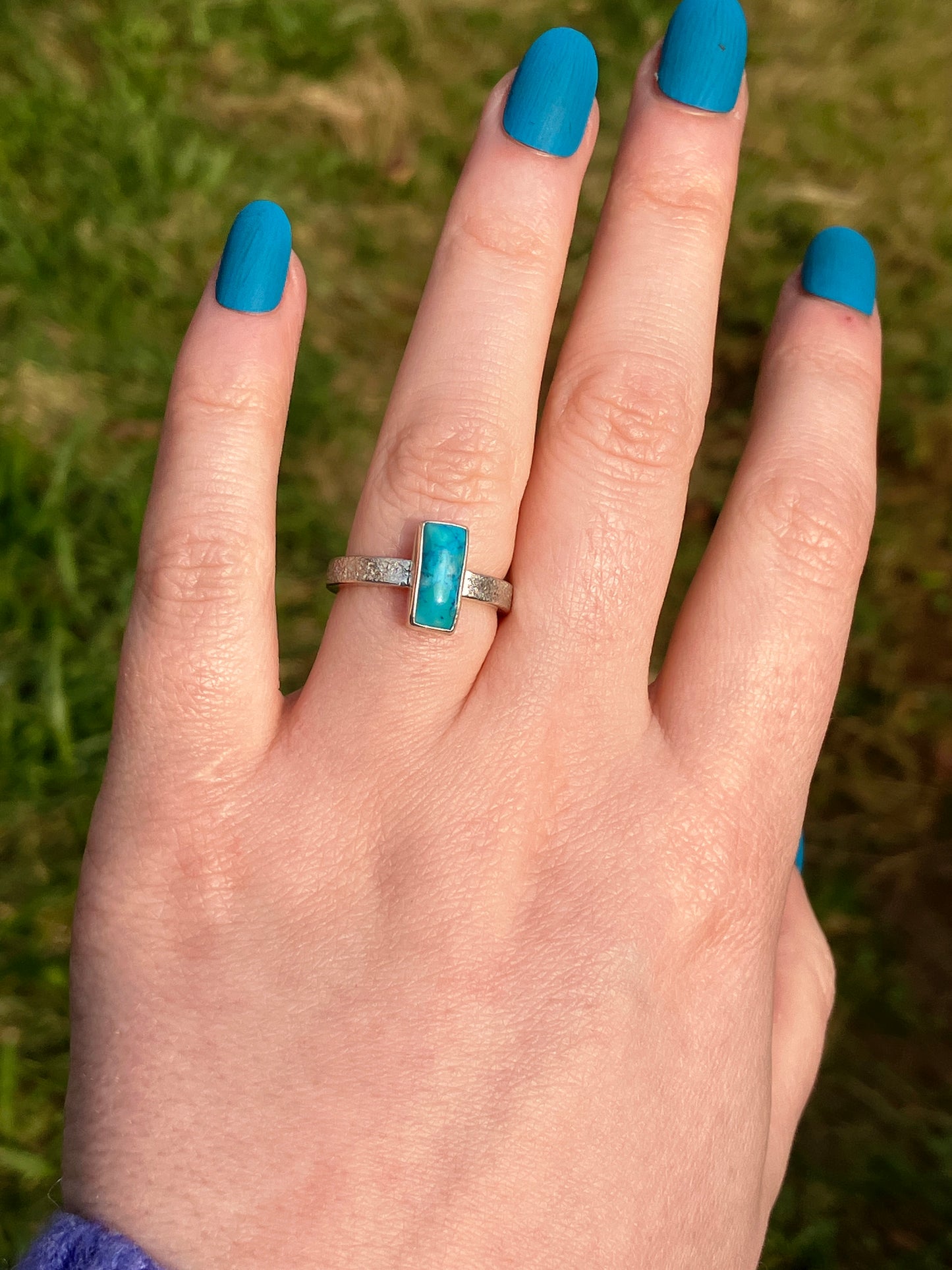 Turquoise and Sterling Silver Textured Statement Ring - UK Size L/US Size 6