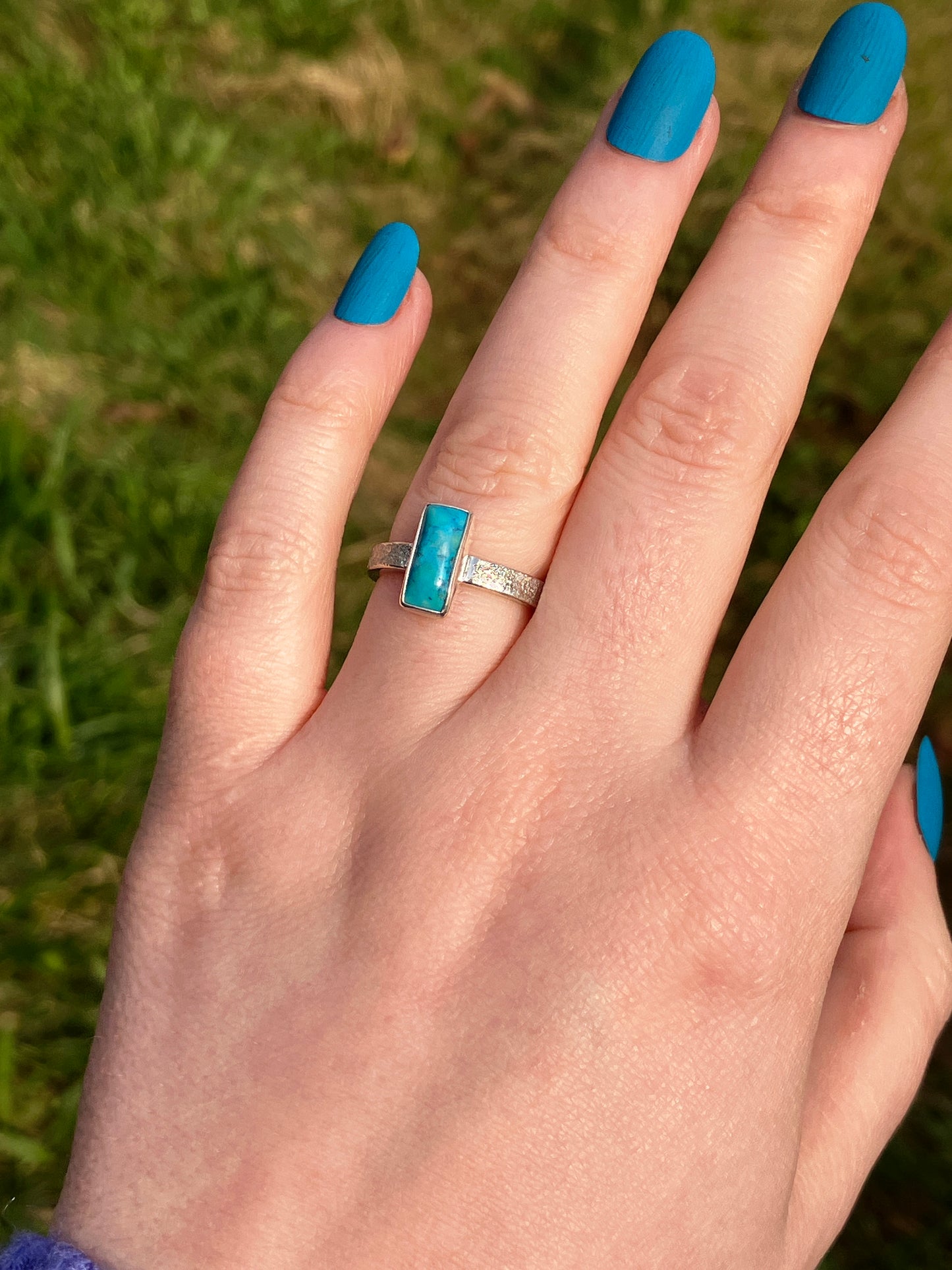 Turquoise and Sterling Silver Textured Statement Ring - UK Size L/US Size 6