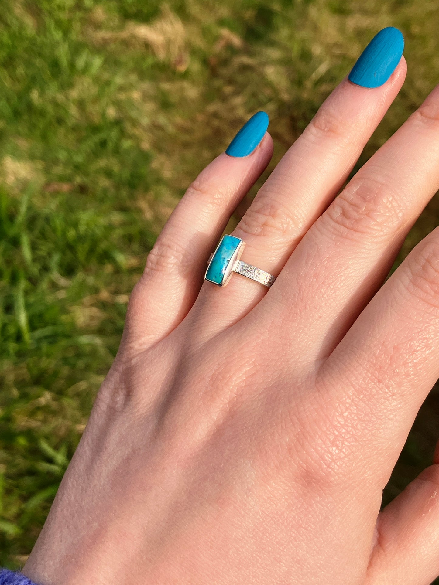 Turquoise and Sterling Silver Textured Statement Ring - UK Size L/US Size 6