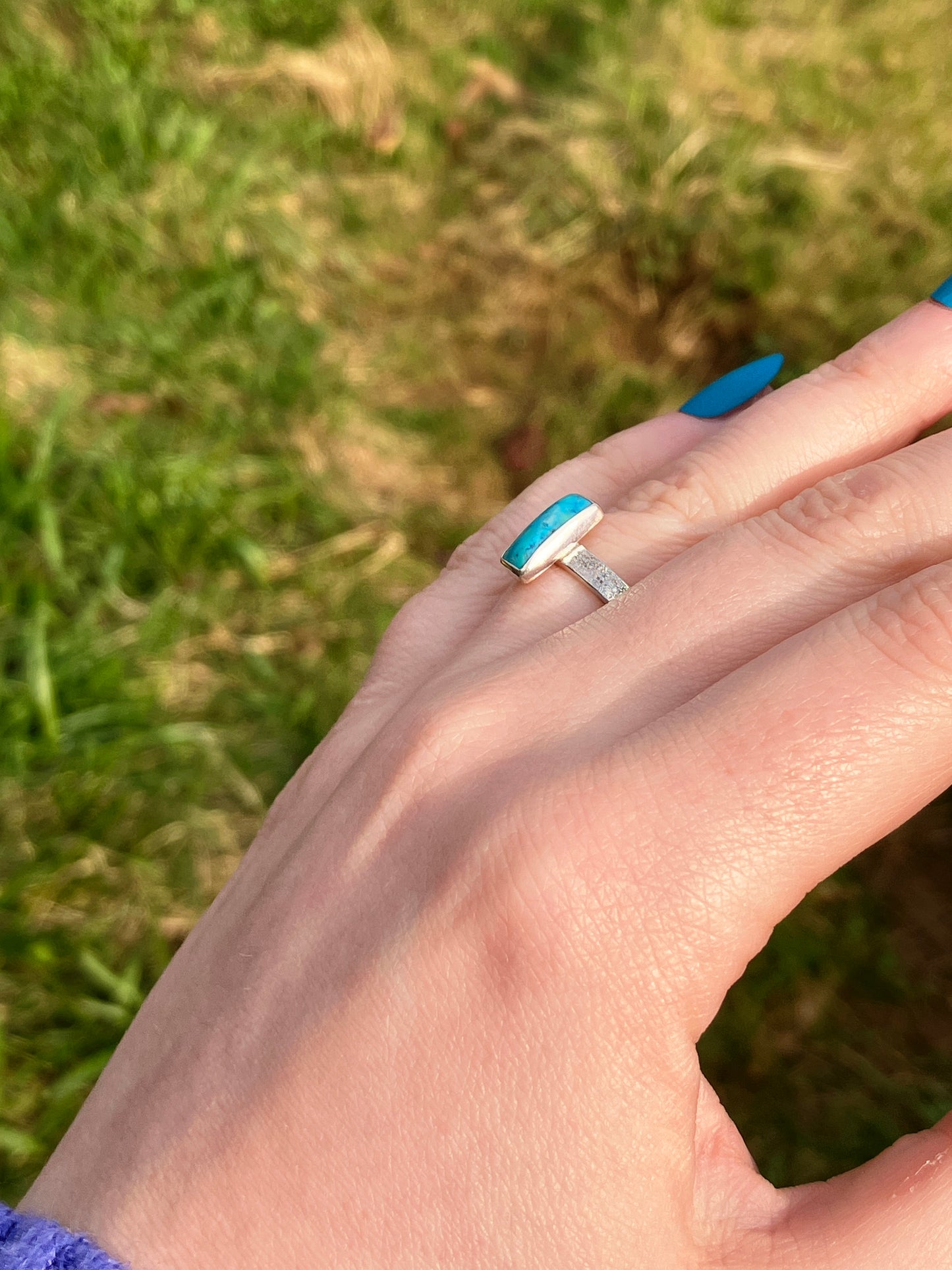 Turquoise and Sterling Silver Textured Statement Ring - UK Size L/US Size 6