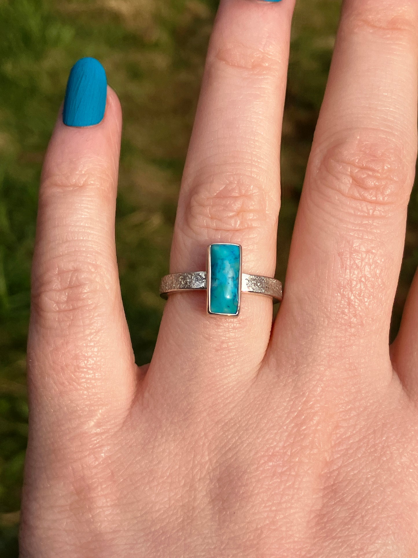 Turquoise and Sterling Silver Textured Statement Ring - UK Size L/US Size 6