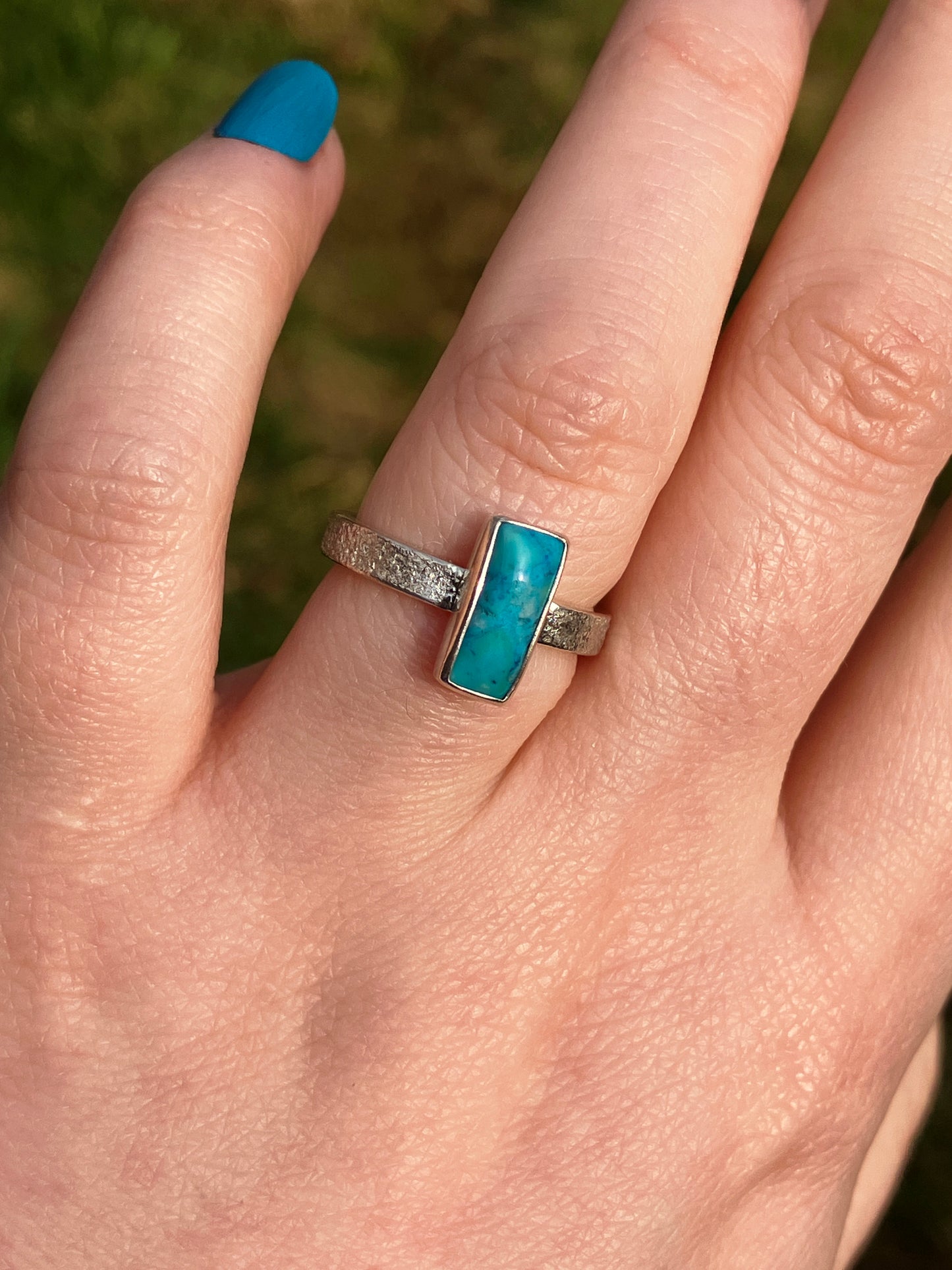 Turquoise and Sterling Silver Textured Statement Ring - UK Size L/US Size 6