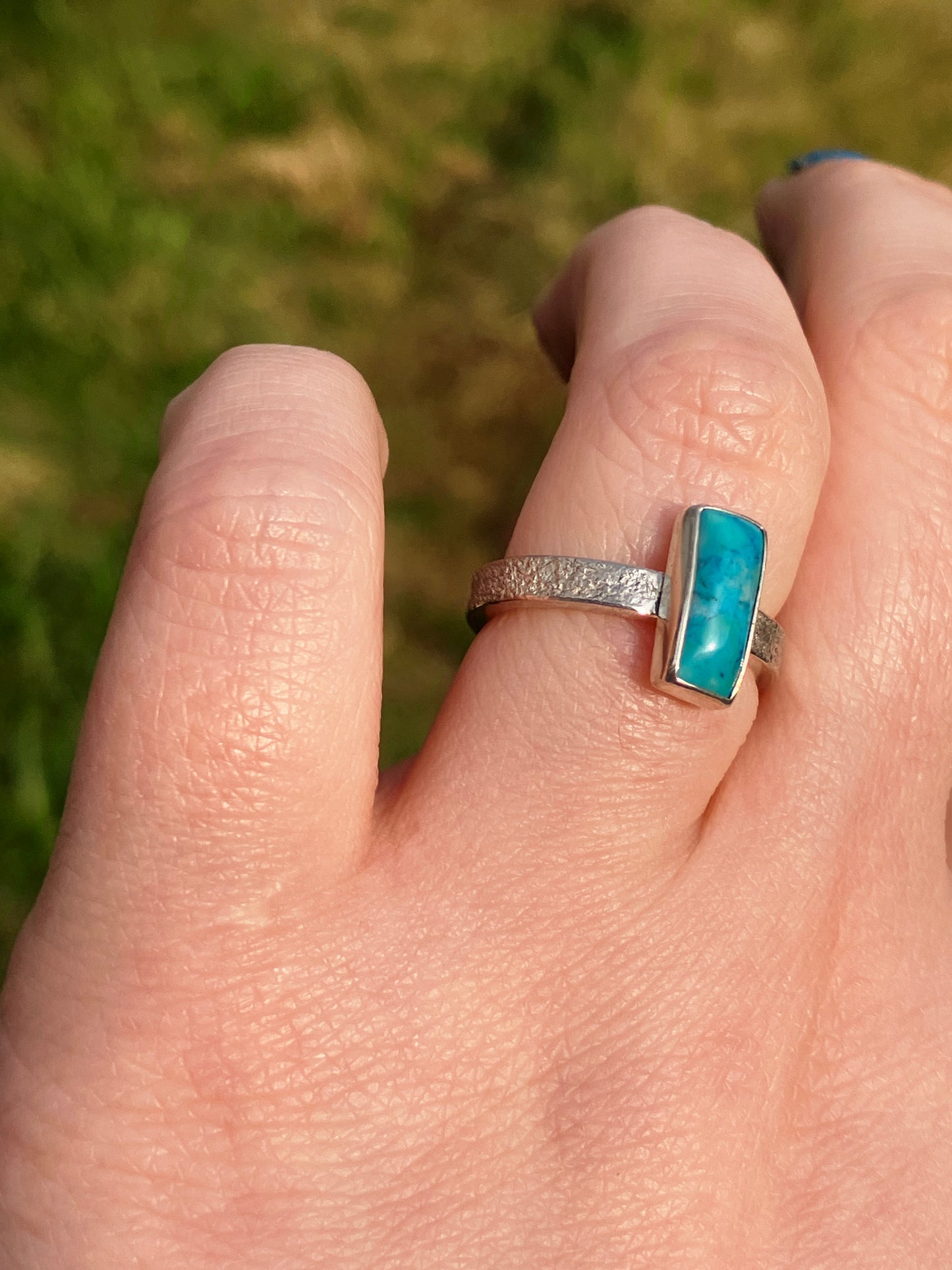 Turquoise and Sterling Silver Textured Statement Ring - UK Size L/US Size 6