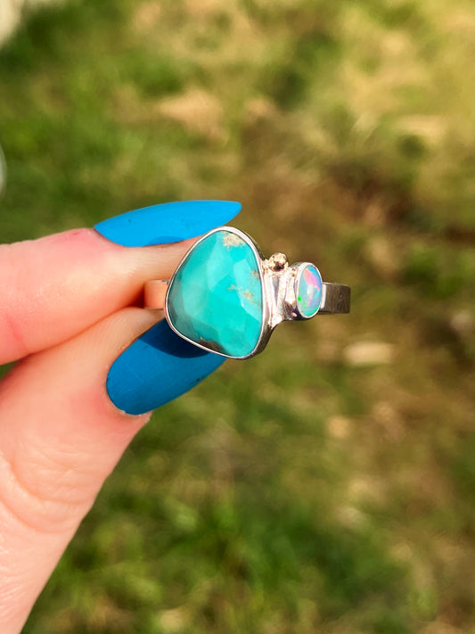 Turquoise, Opal and Sterling Silver Ring - UK Size S/US Size 9.5