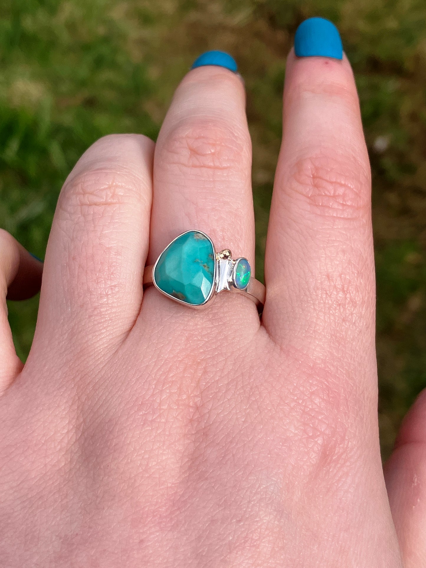 Turquoise, Opal and Sterling Silver Ring - UK Size S/US Size 9.5