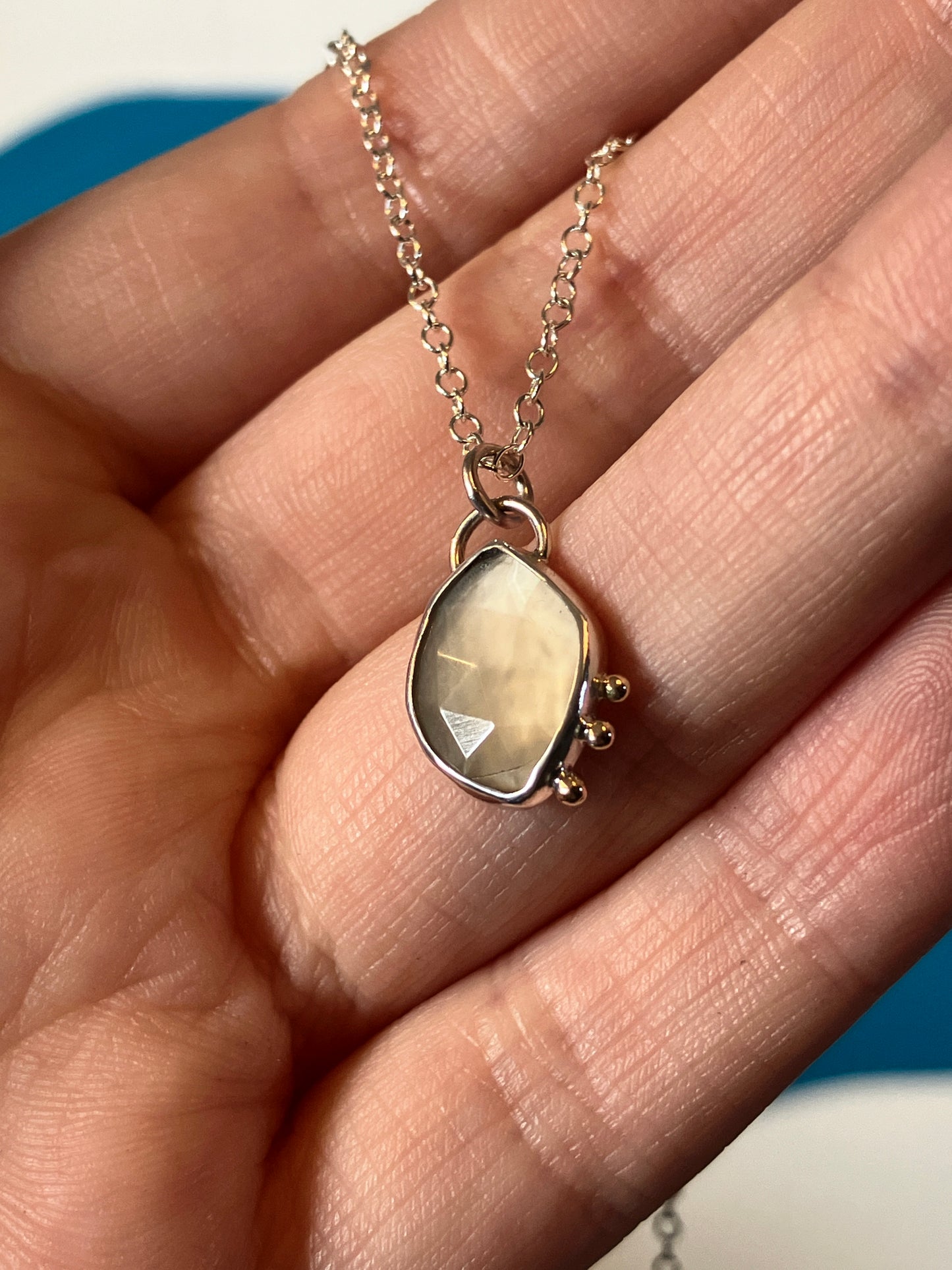 Grey Moonstone, 9ct Gold Granules and Sterling Silver Pendant Necklace