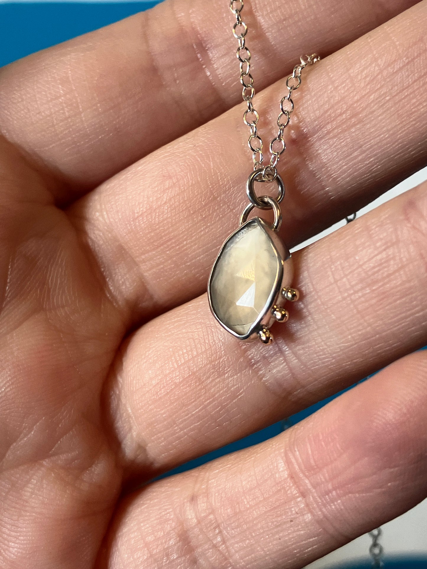 Grey Moonstone, 9ct Gold Granules and Sterling Silver Pendant Necklace