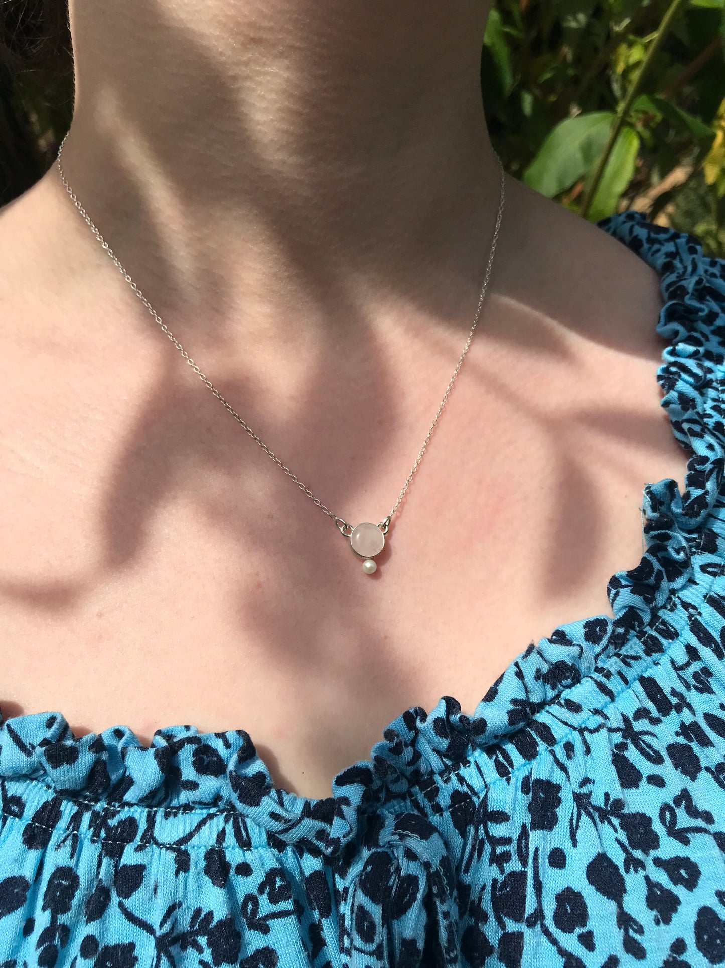 Rose Quartz, Freshwater Pearl and Sterling Silver Necklace with Sterling Silver Chain