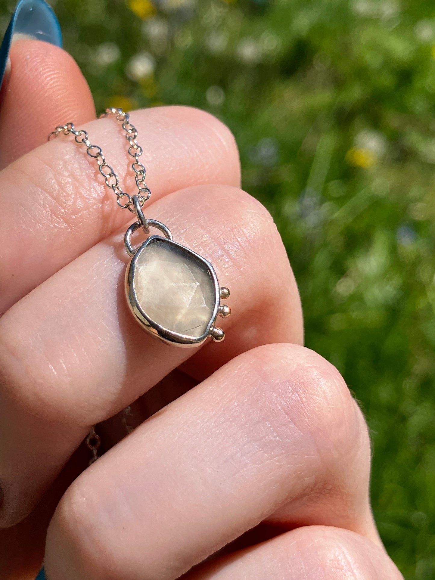 Grey Moonstone, 9ct Gold Granules and Sterling Silver Pendant Necklace