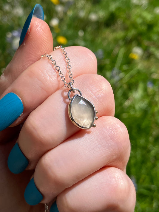 Grey Moonstone, 9ct Gold Granules and Sterling Silver Pendant Necklace