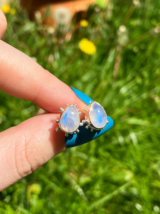 Rainbow Moonstone and Sterling Silver Stud Earrings with Granulation Detail