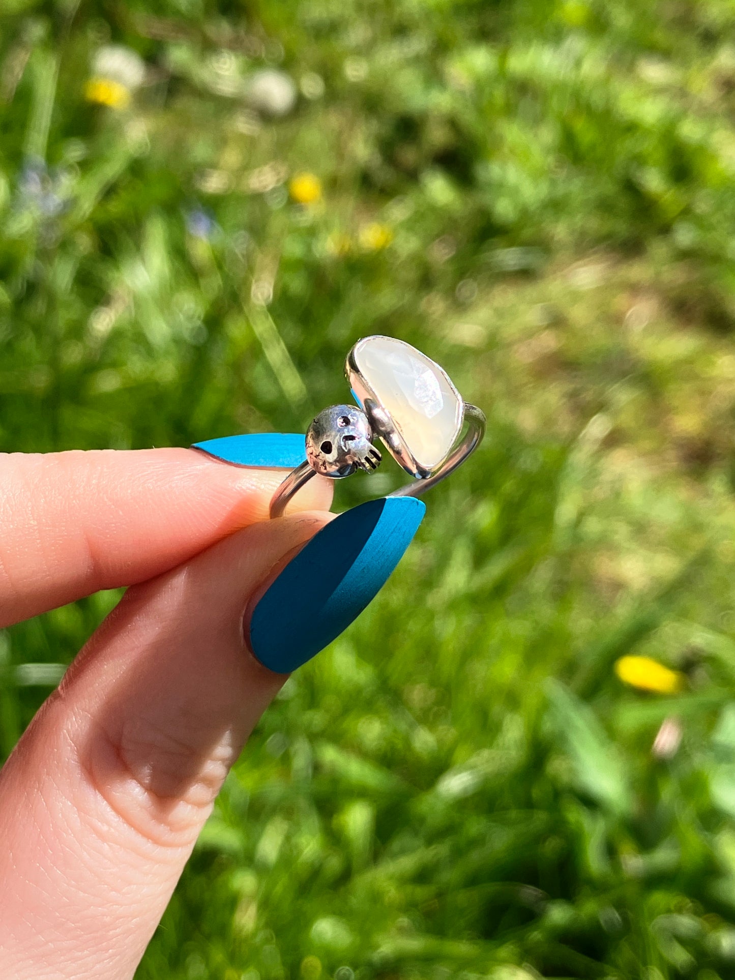 White Moonstone and Sterling Silver Skull Ring
