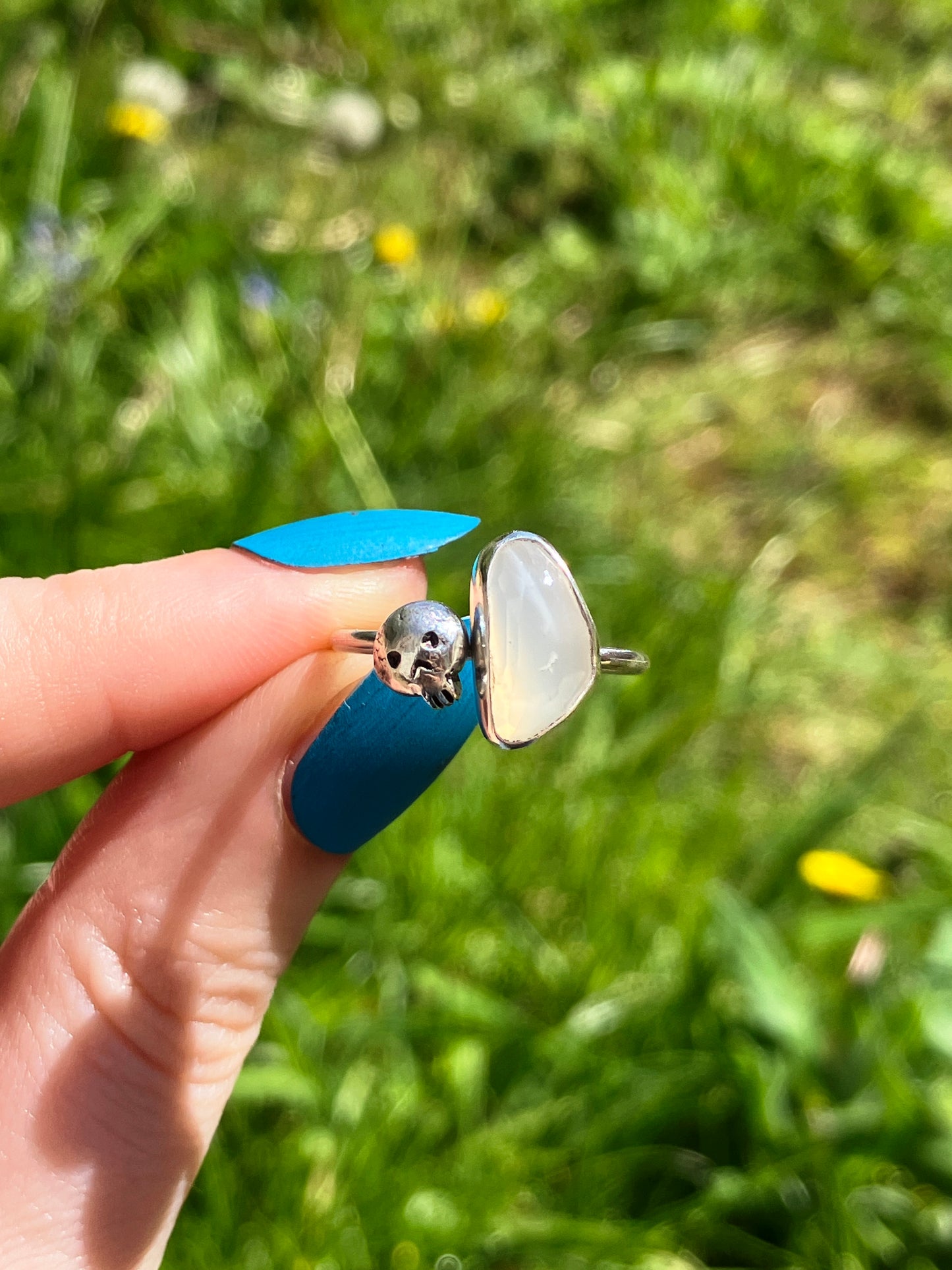 White Moonstone and Sterling Silver Skull Ring