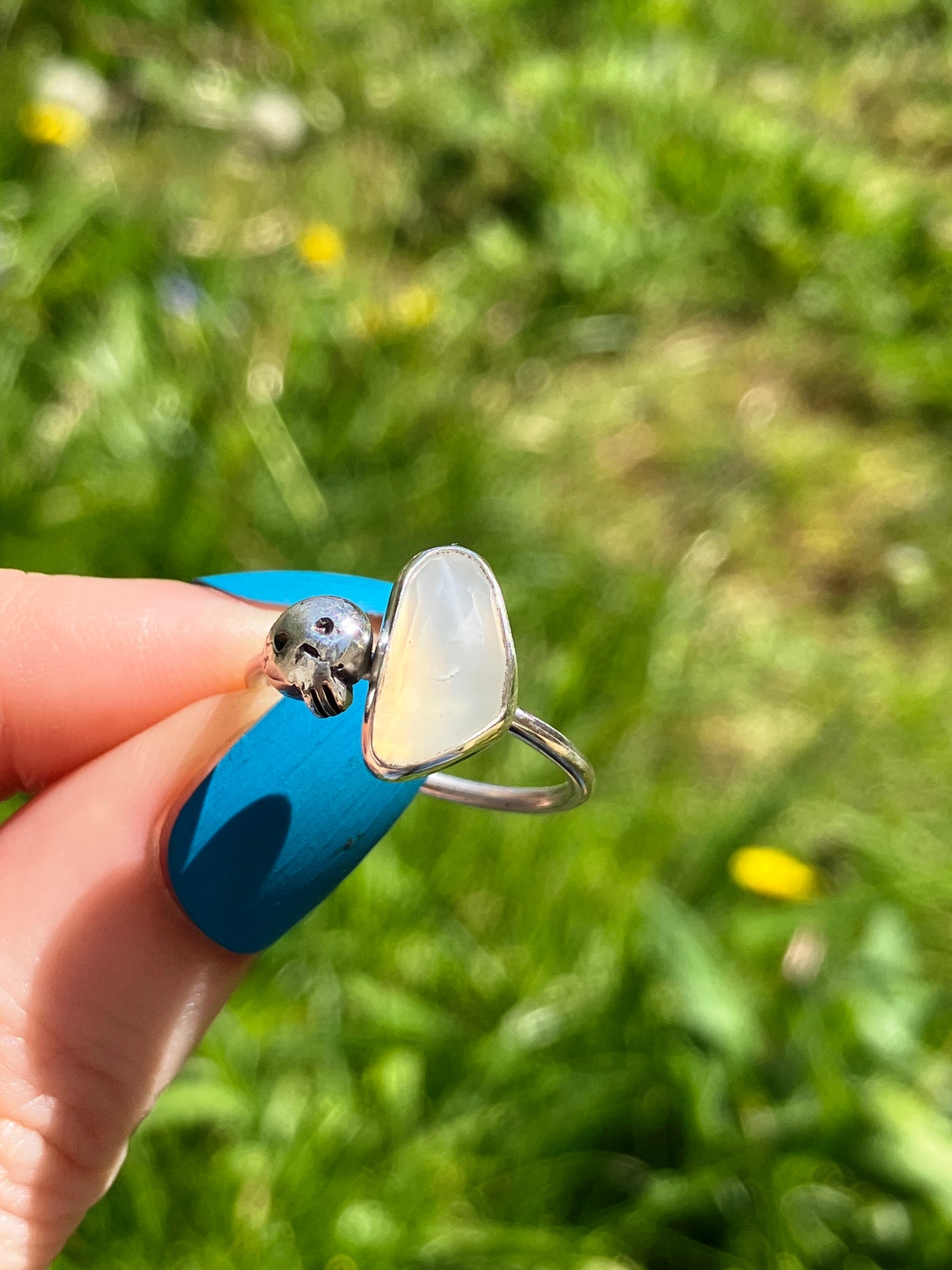 White Moonstone and Sterling Silver Skull Ring