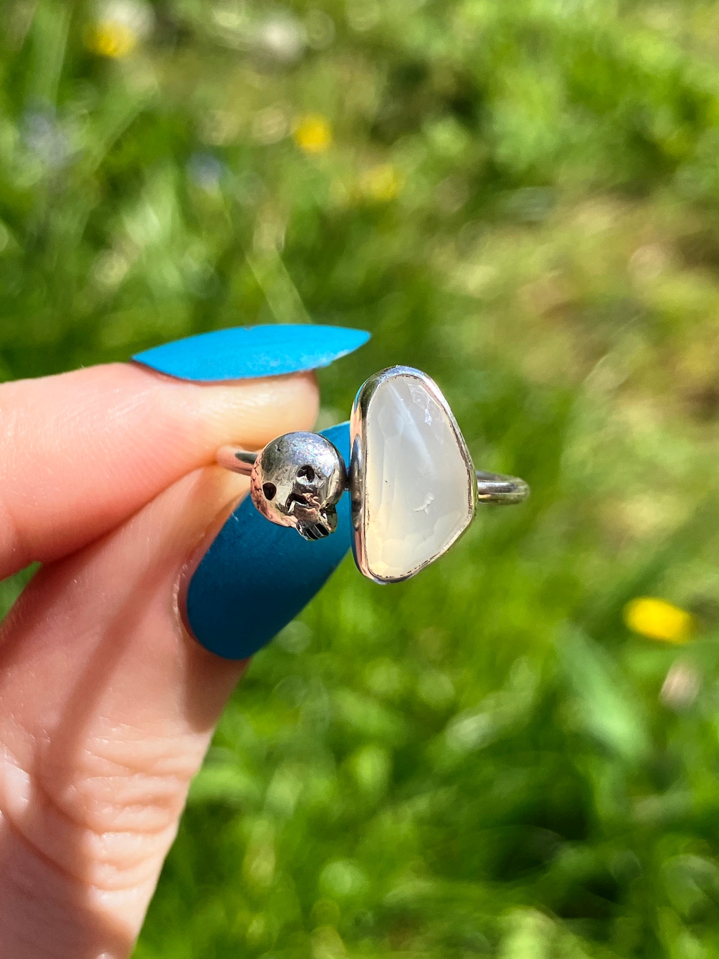 White Moonstone and Sterling Silver Skull Ring