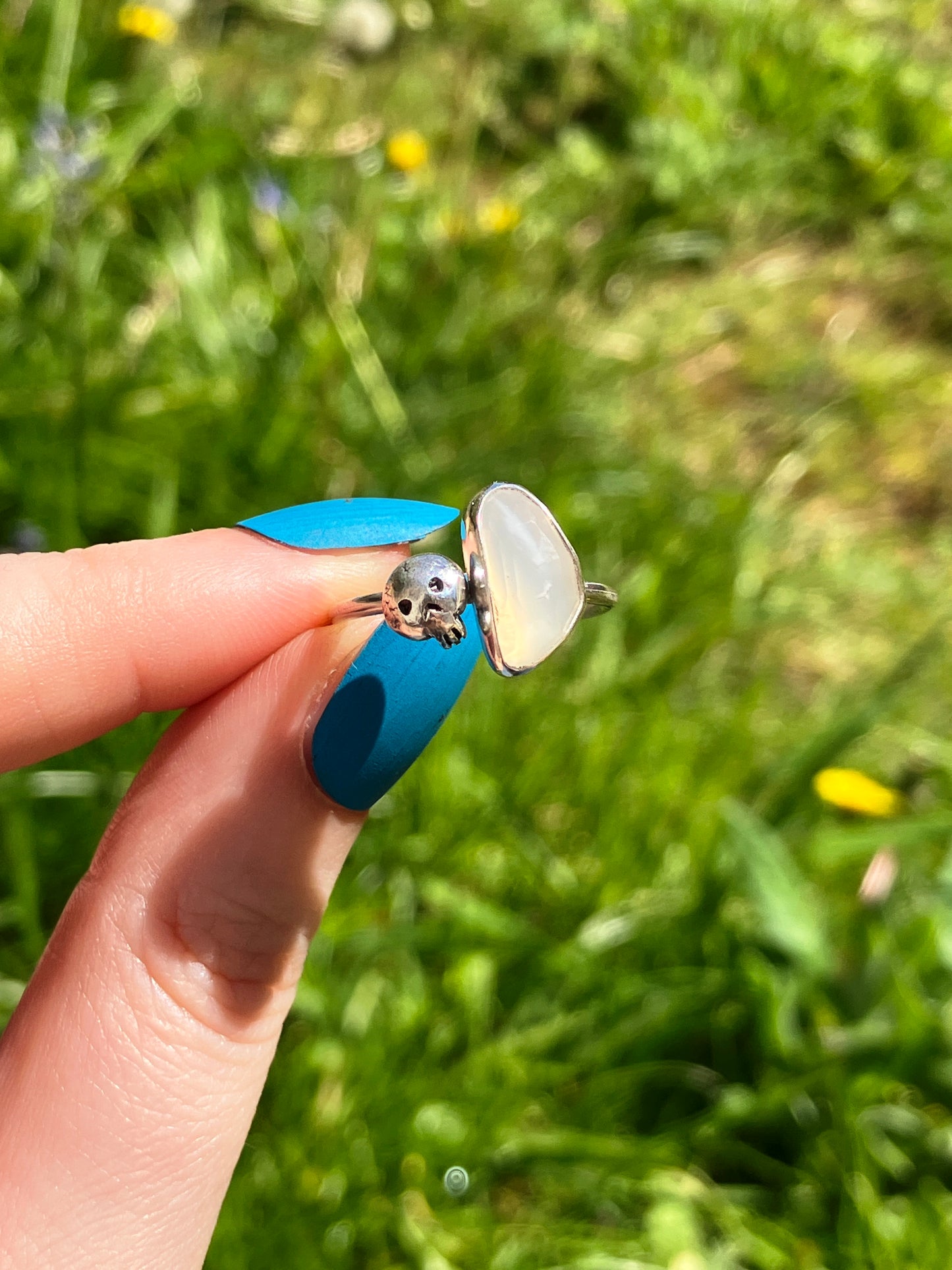 White Moonstone and Sterling Silver Skull Ring