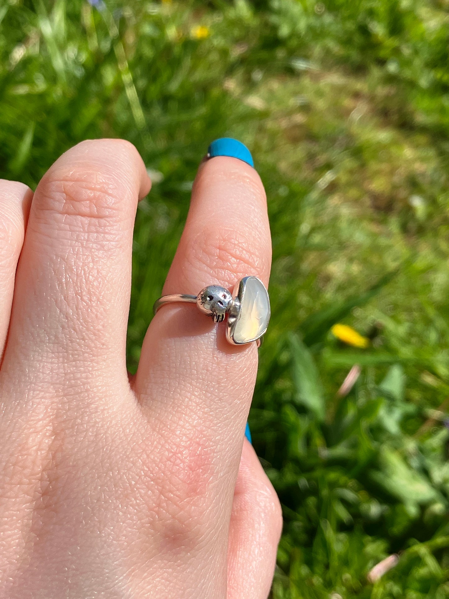 White Moonstone and Sterling Silver Skull Ring