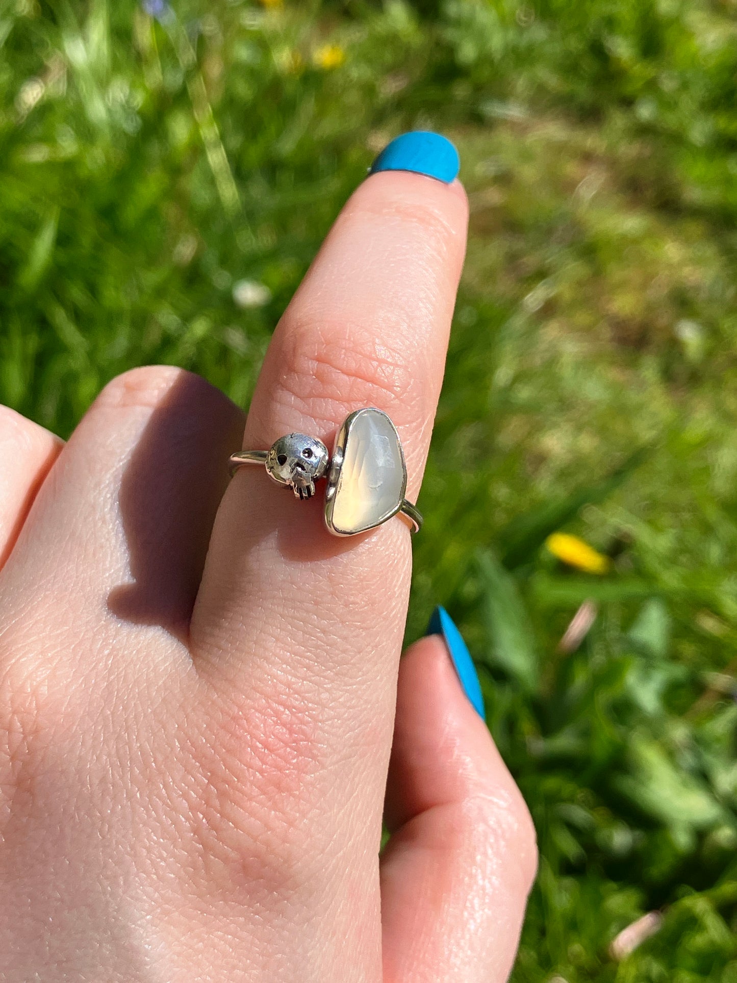 White Moonstone and Sterling Silver Skull Ring