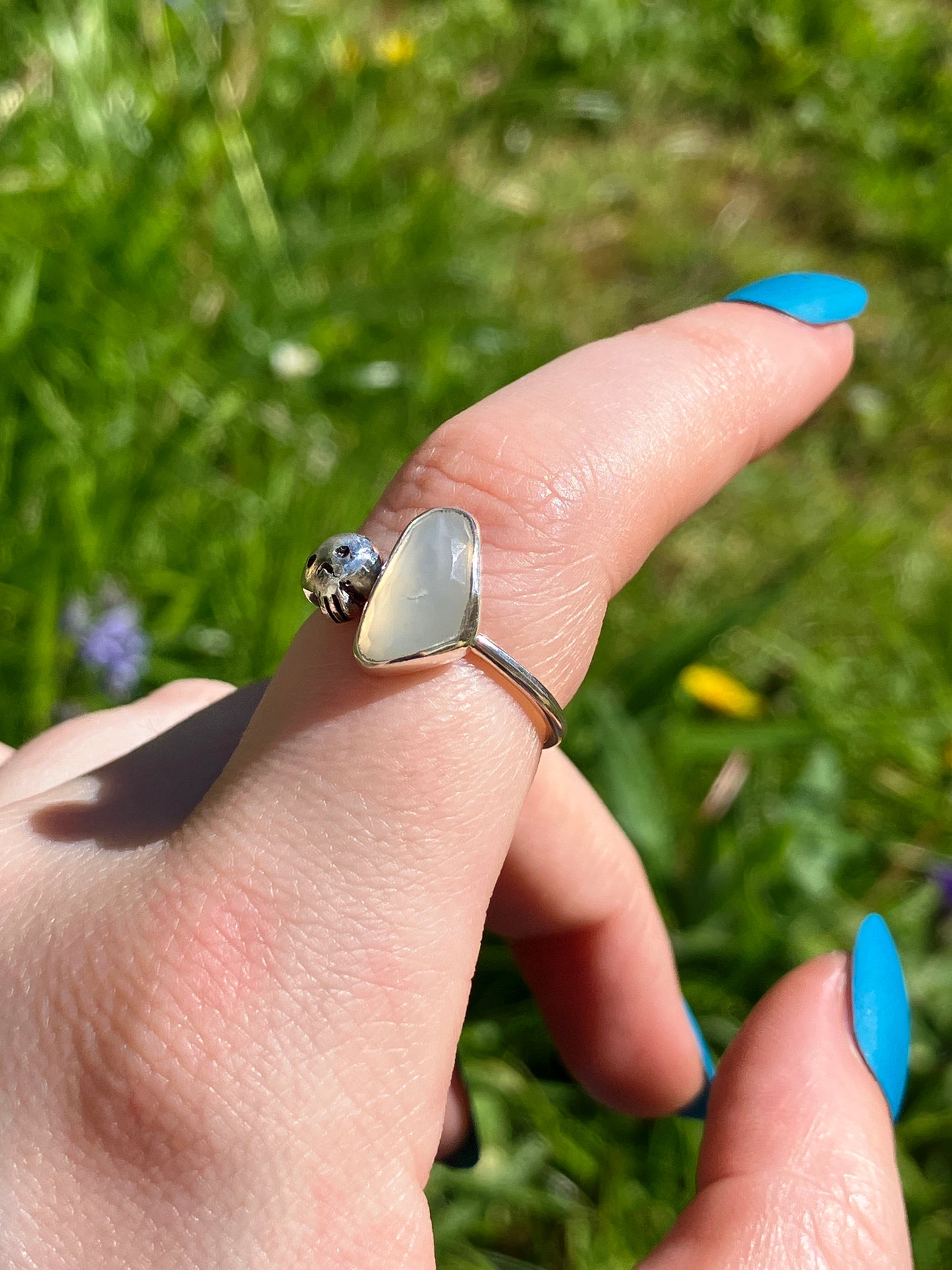 White Moonstone and Sterling Silver Skull Ring