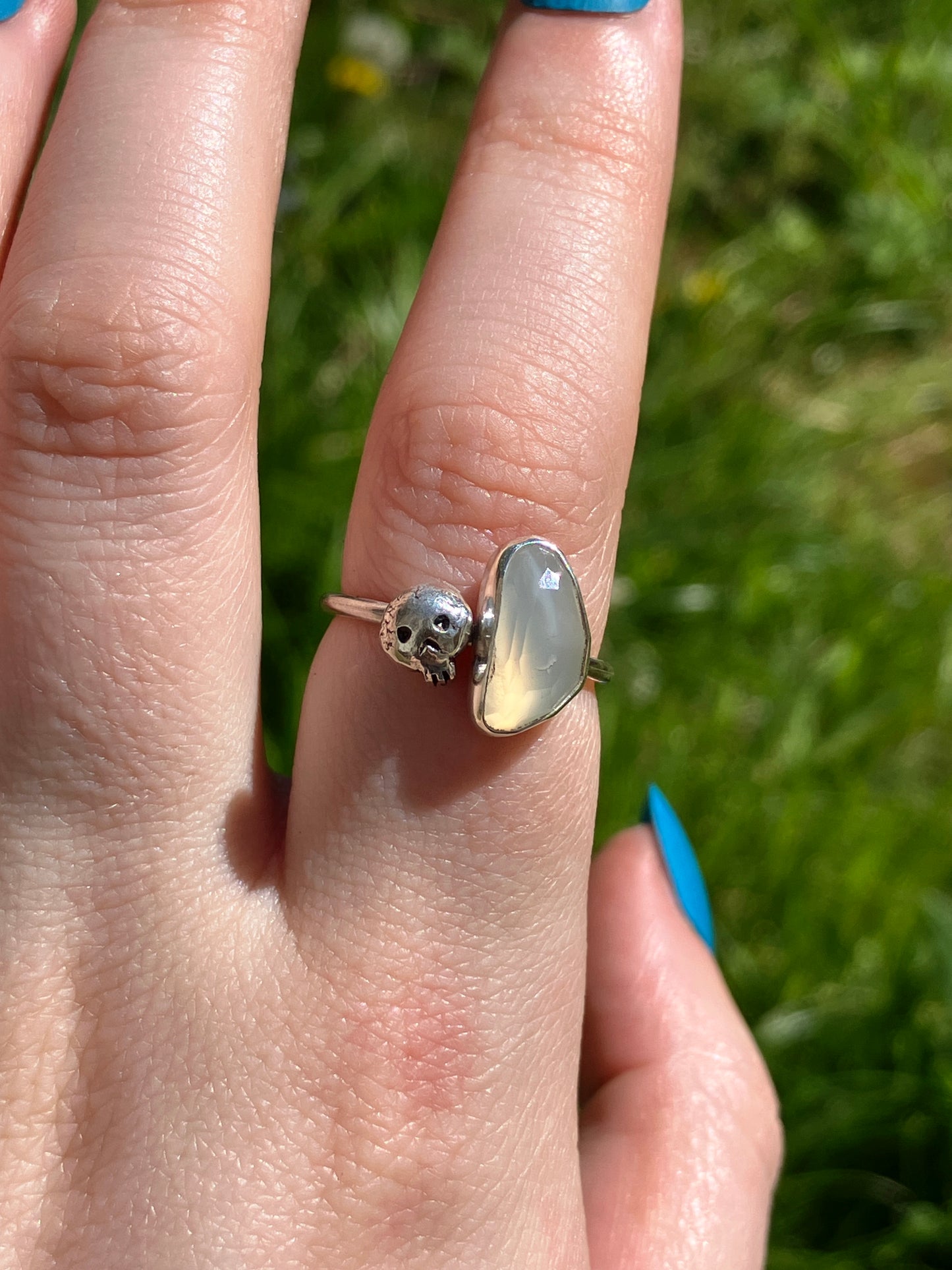 White Moonstone and Sterling Silver Skull Ring