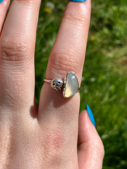 White Moonstone and Sterling Silver Skull Ring