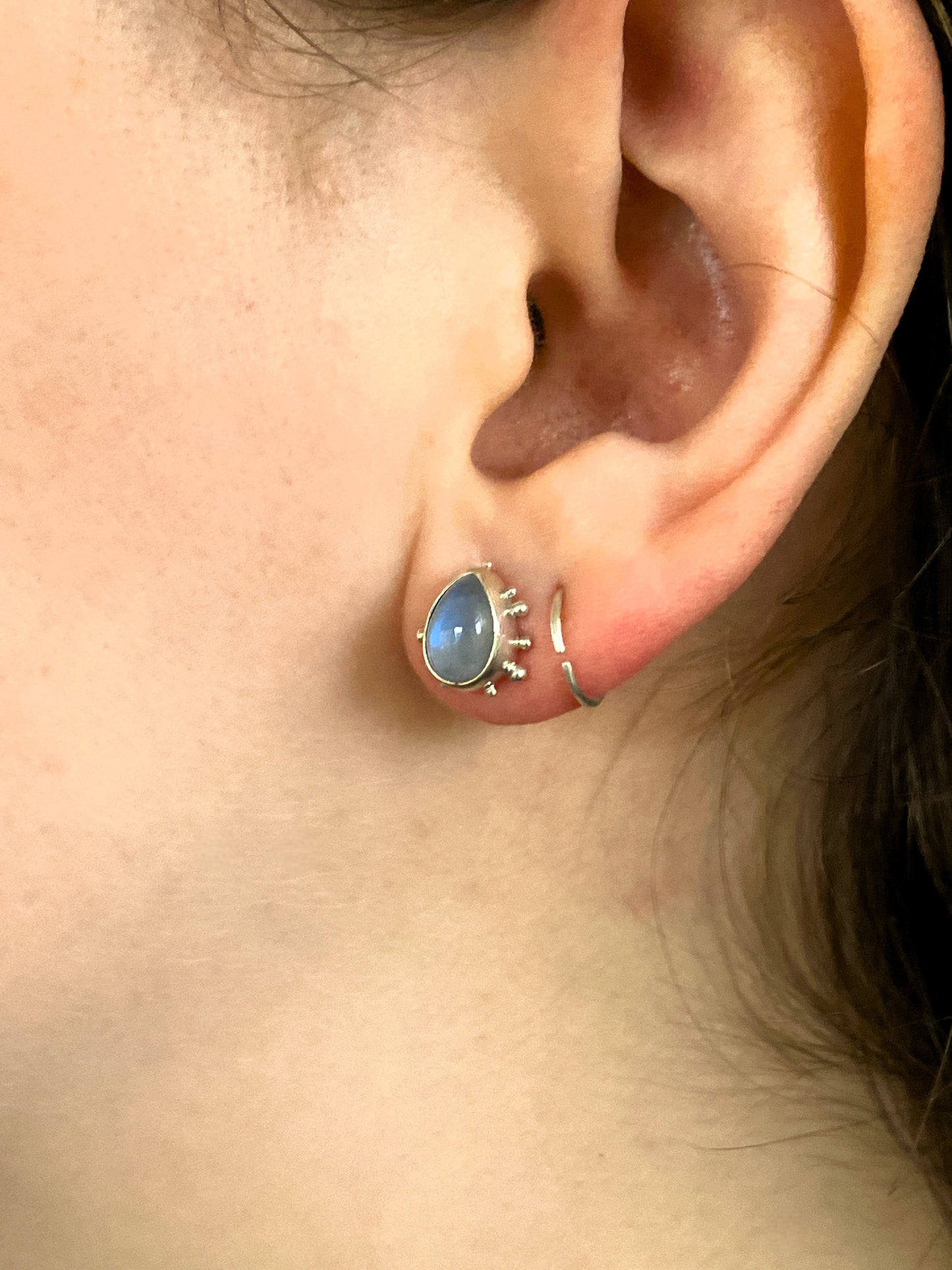 Rainbow Moonstone and Sterling Silver Stud Earrings with Granulation Detail