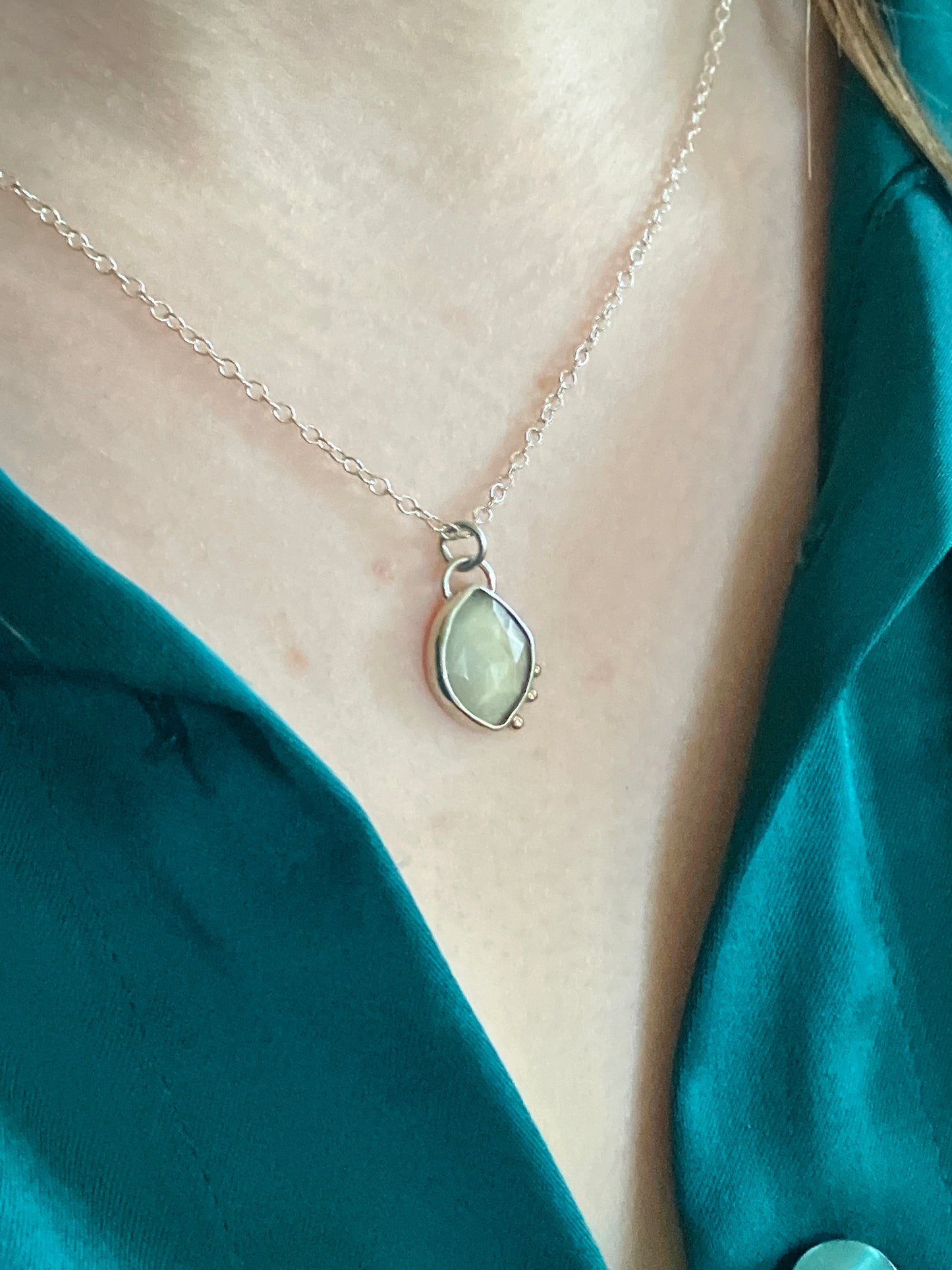 Grey Moonstone, 9ct Gold Granules and Sterling Silver Pendant Necklace