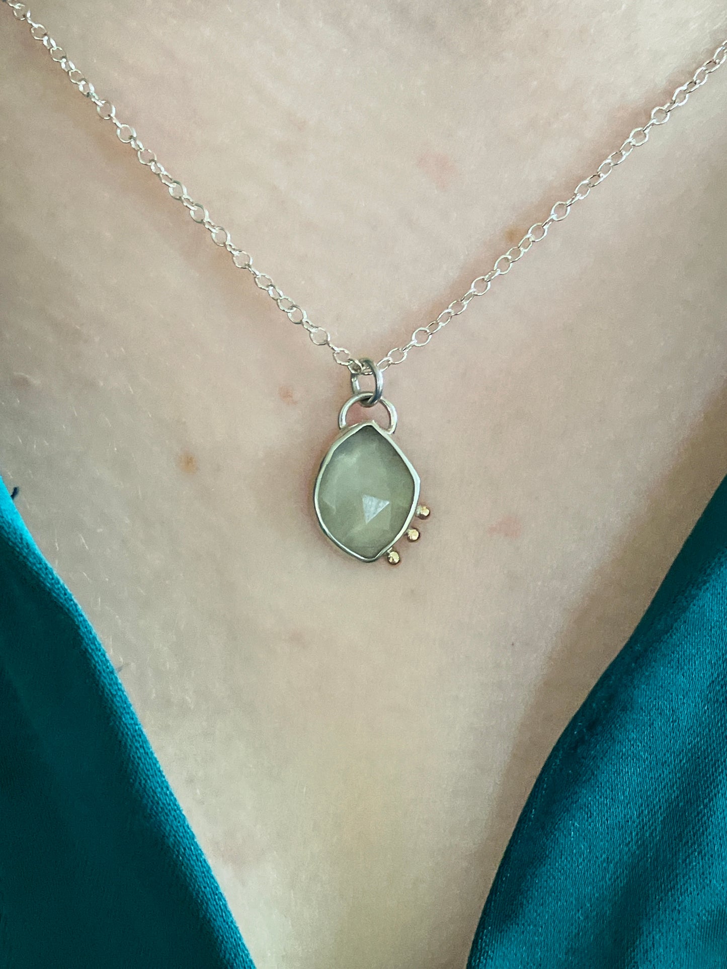 Grey Moonstone, 9ct Gold Granules and Sterling Silver Pendant Necklace