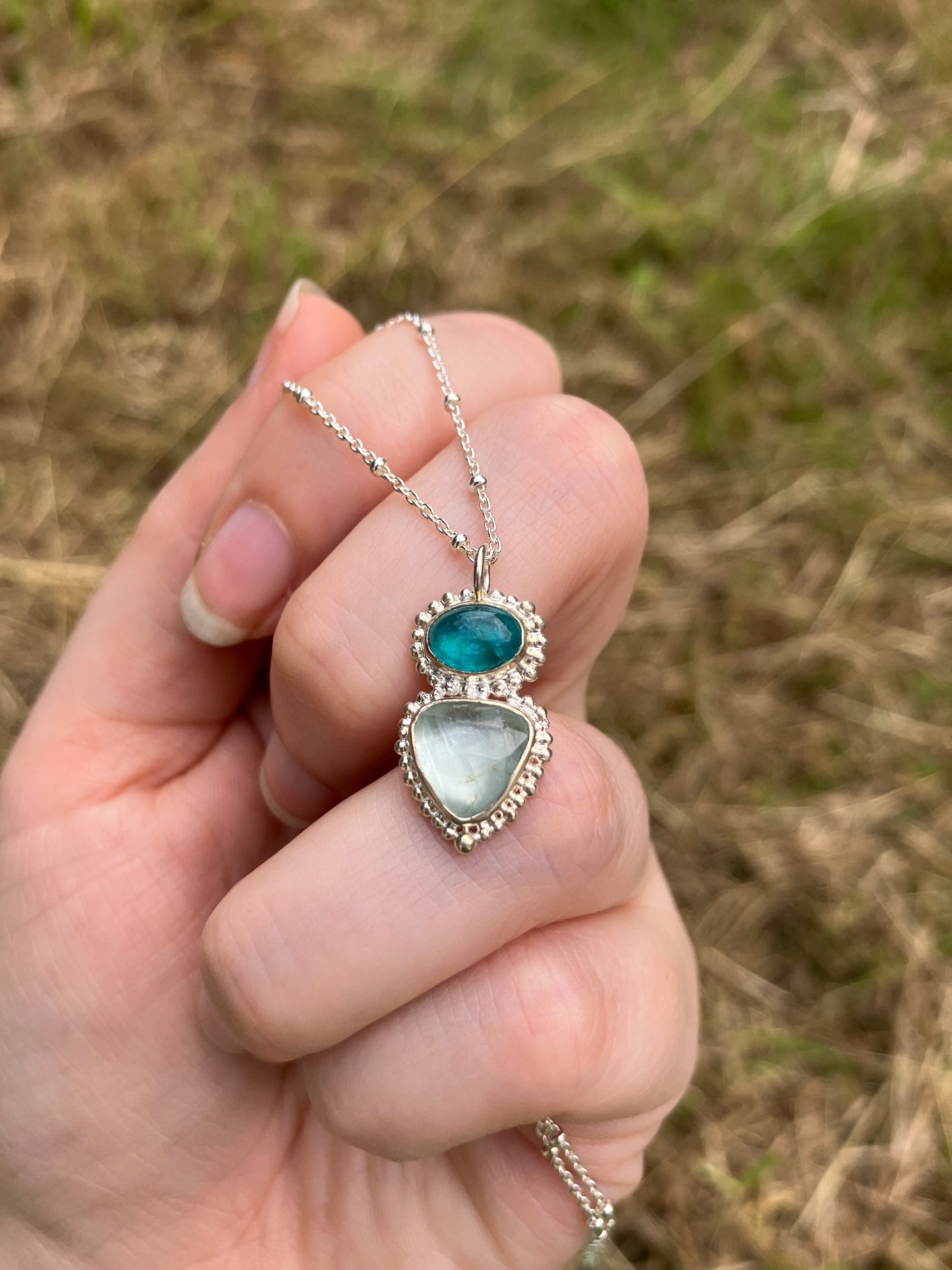 Apatite, Aquamarine and Recycled Sterling Silver Pendant Necklace with Granulation Details on Sterling Silver Chain